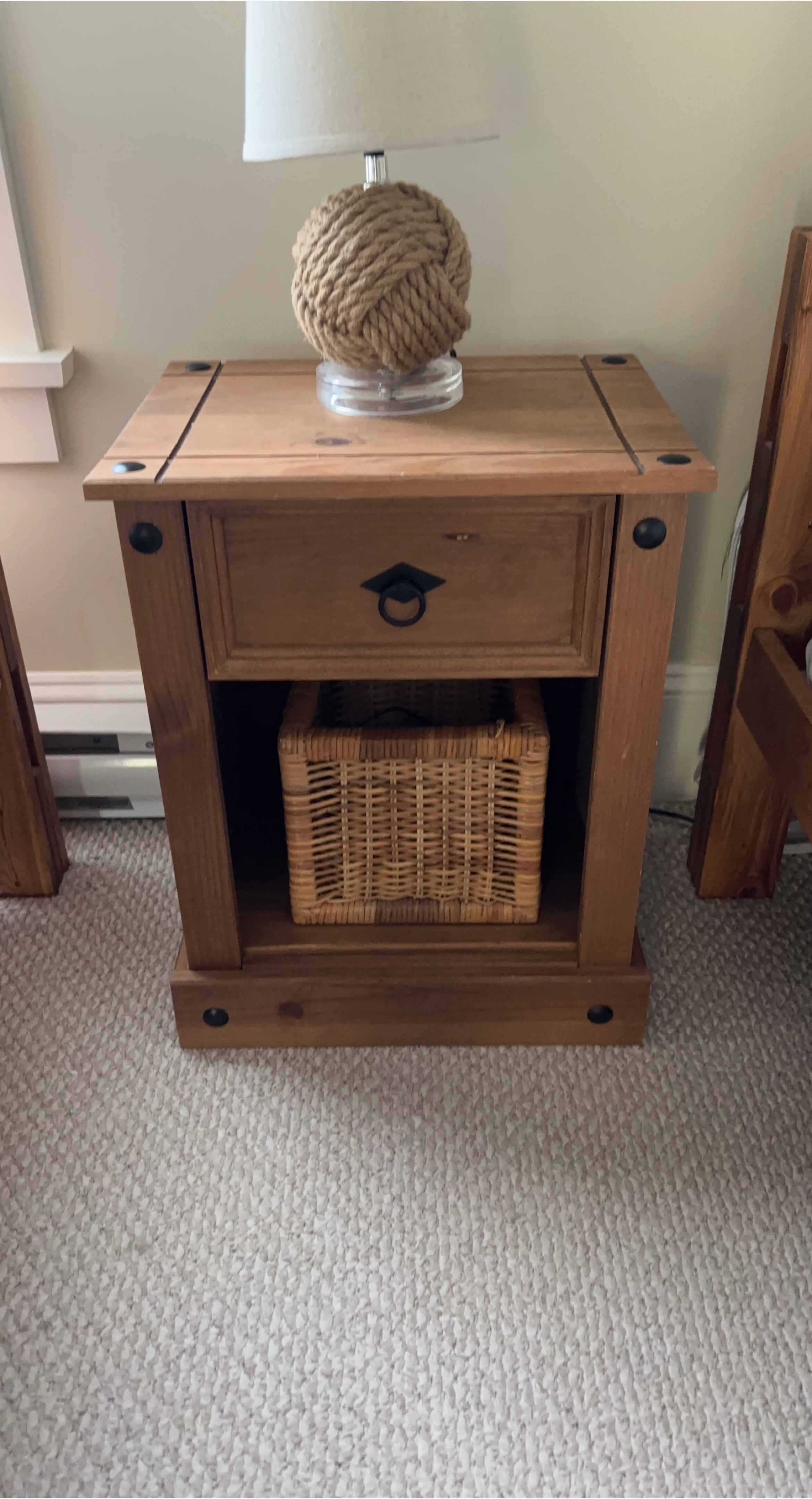 Wood Nightstand with Drawer & Wicker Basket thumbnail