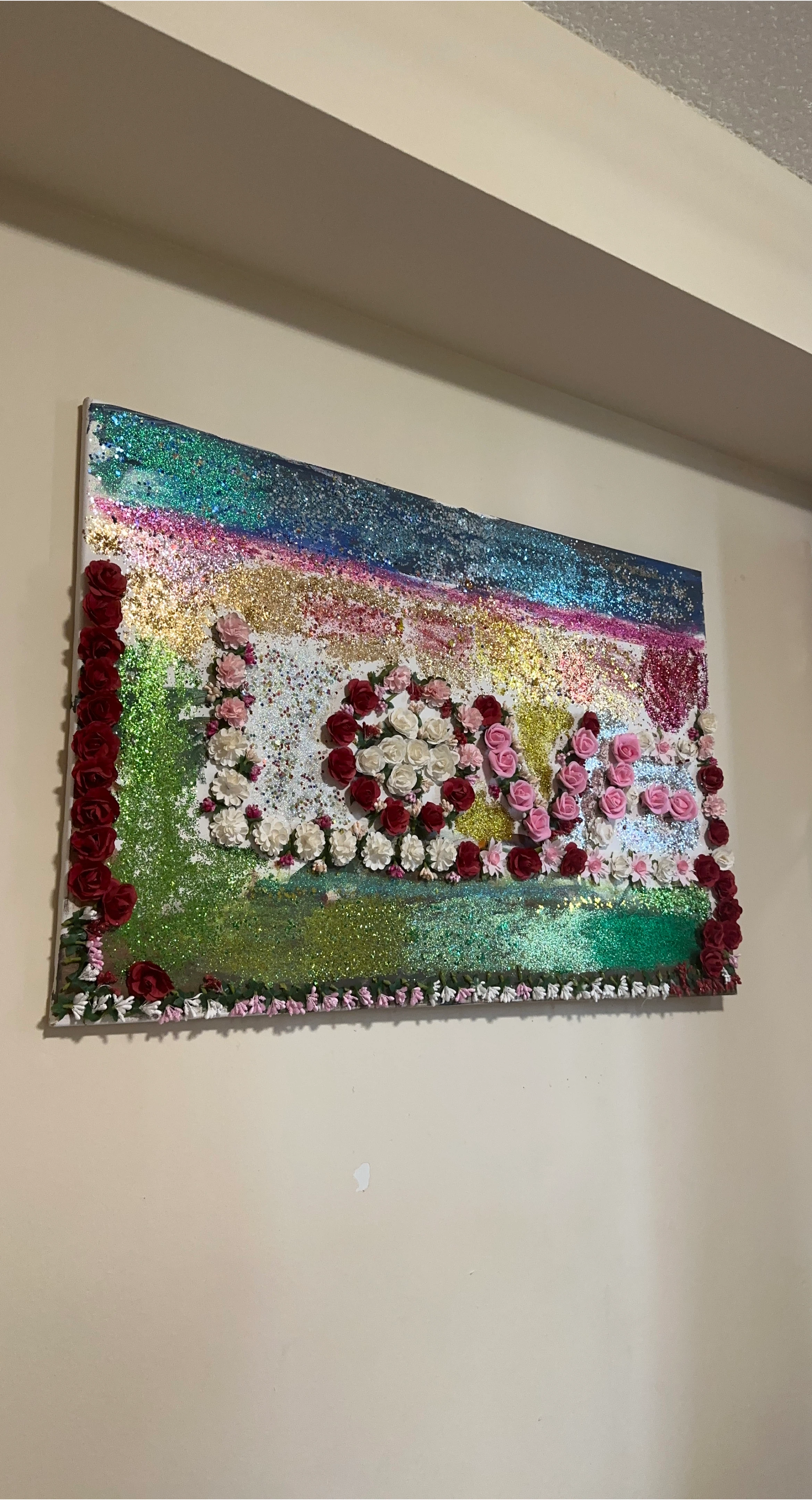 Handmade Glitter & Flower Canvas Art