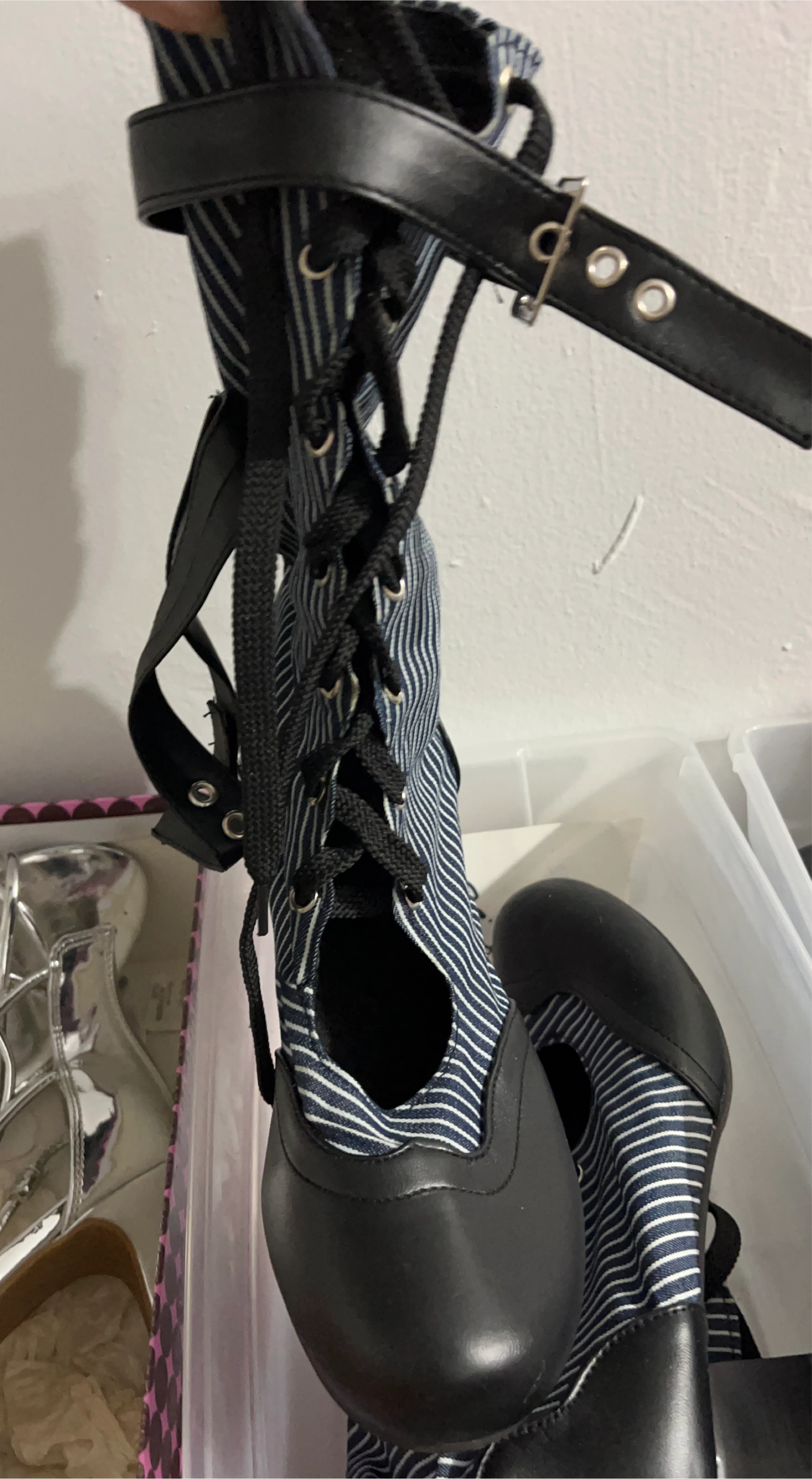 Blue & White Striped Lace-Up Heels thumbnail