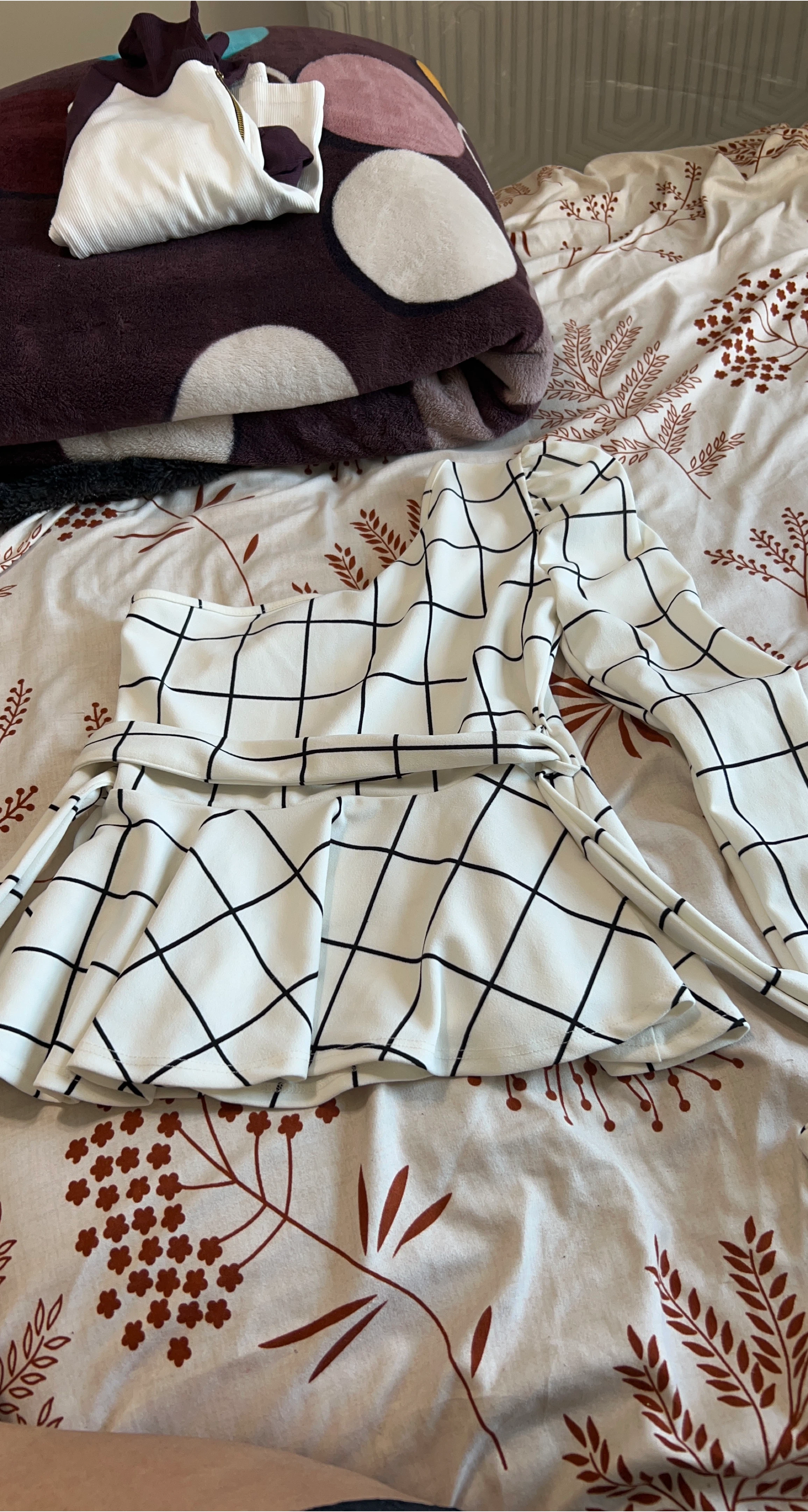 White Grid Pattern One-Shoulder Top