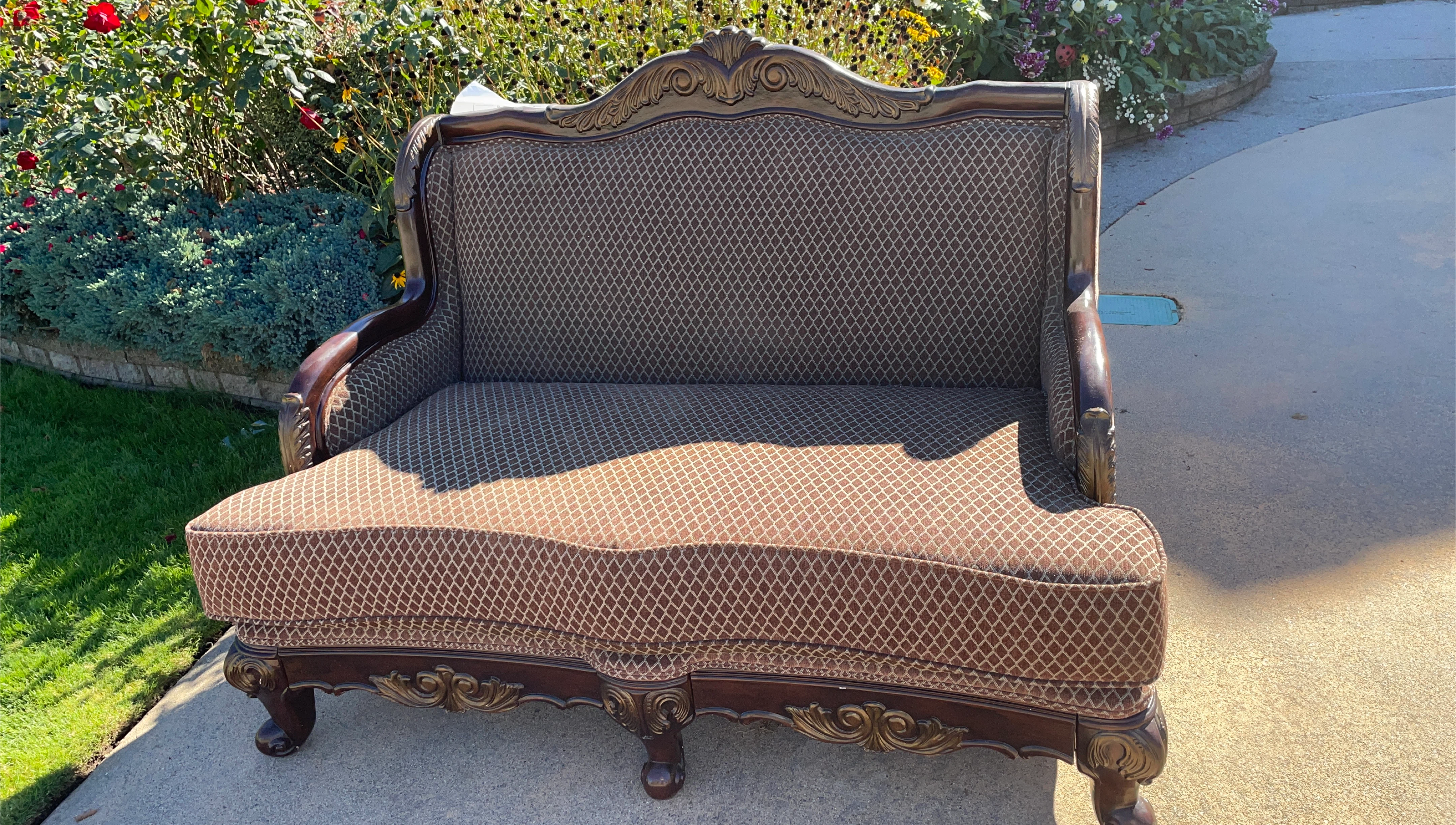 Antique Style Loveseat Sofa - Brown Patterned Fabric thumbnail