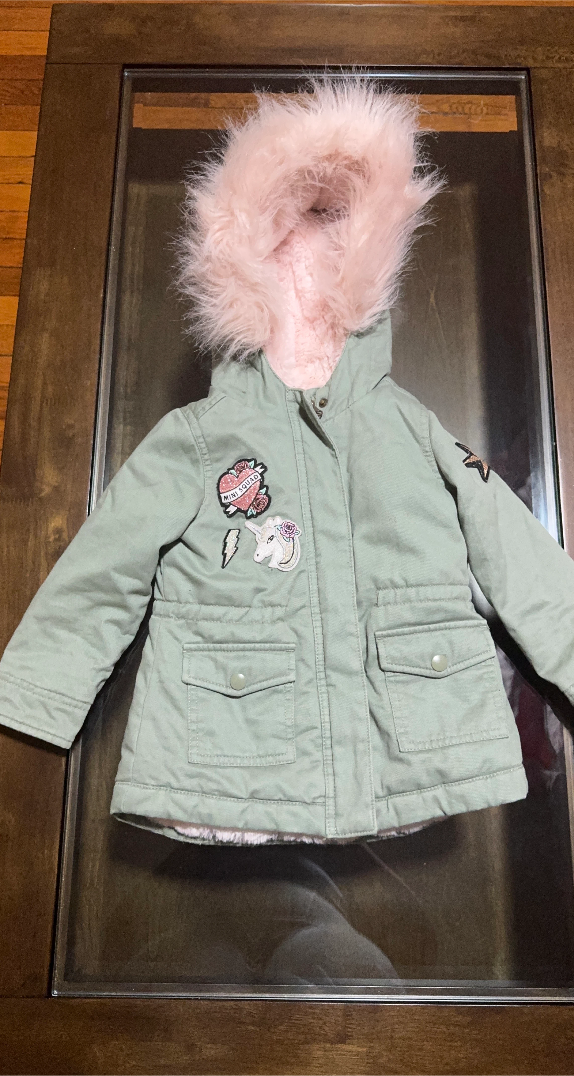 Girl's Green Winter Coat with Pink Faux Fur Hood thumbnail