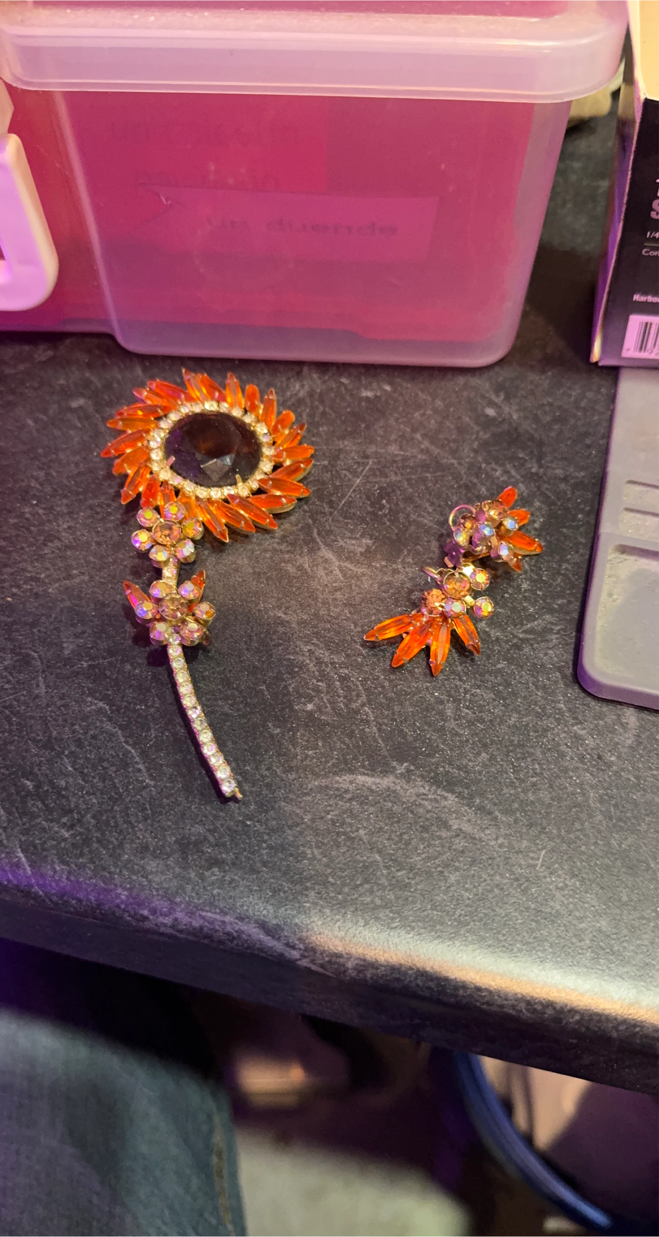 Vintage Orange Floral Brooch & Earrings Set