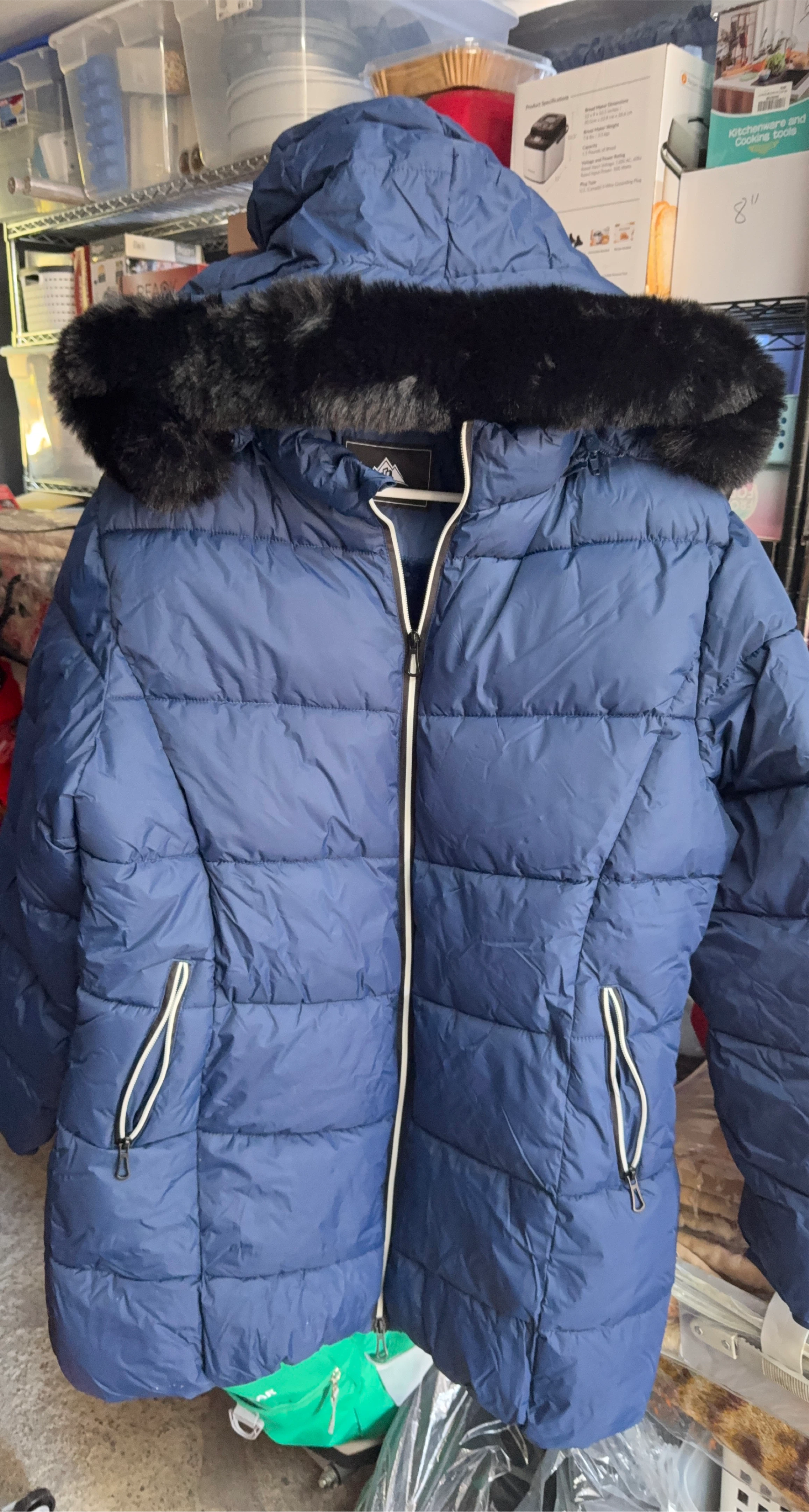 Blue Puffer Jacket with Faux Fur Hood thumbnail