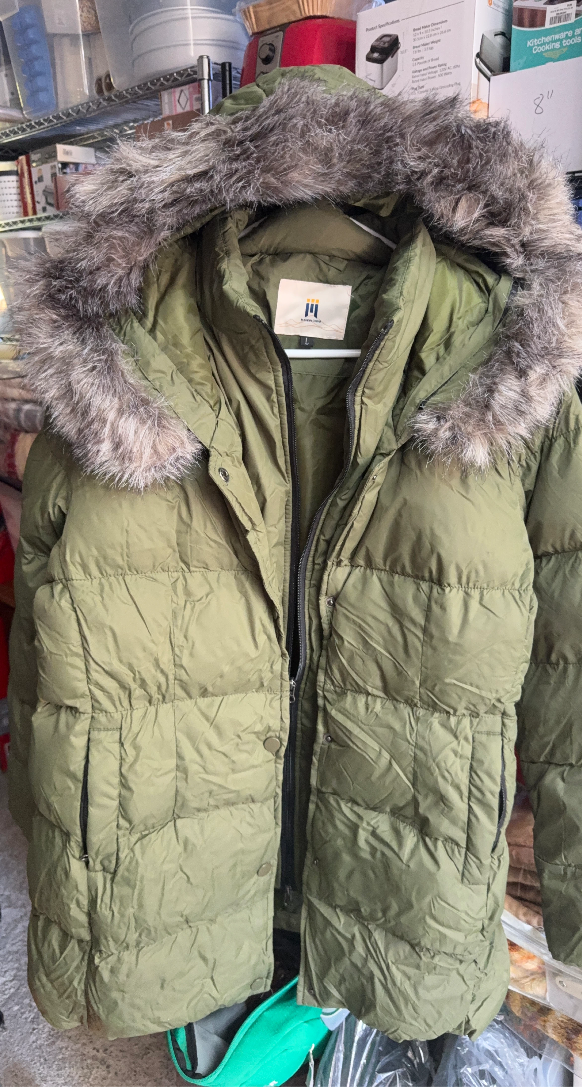 Olive Puffer Jacket with Faux Fur Hood - Size L thumbnail