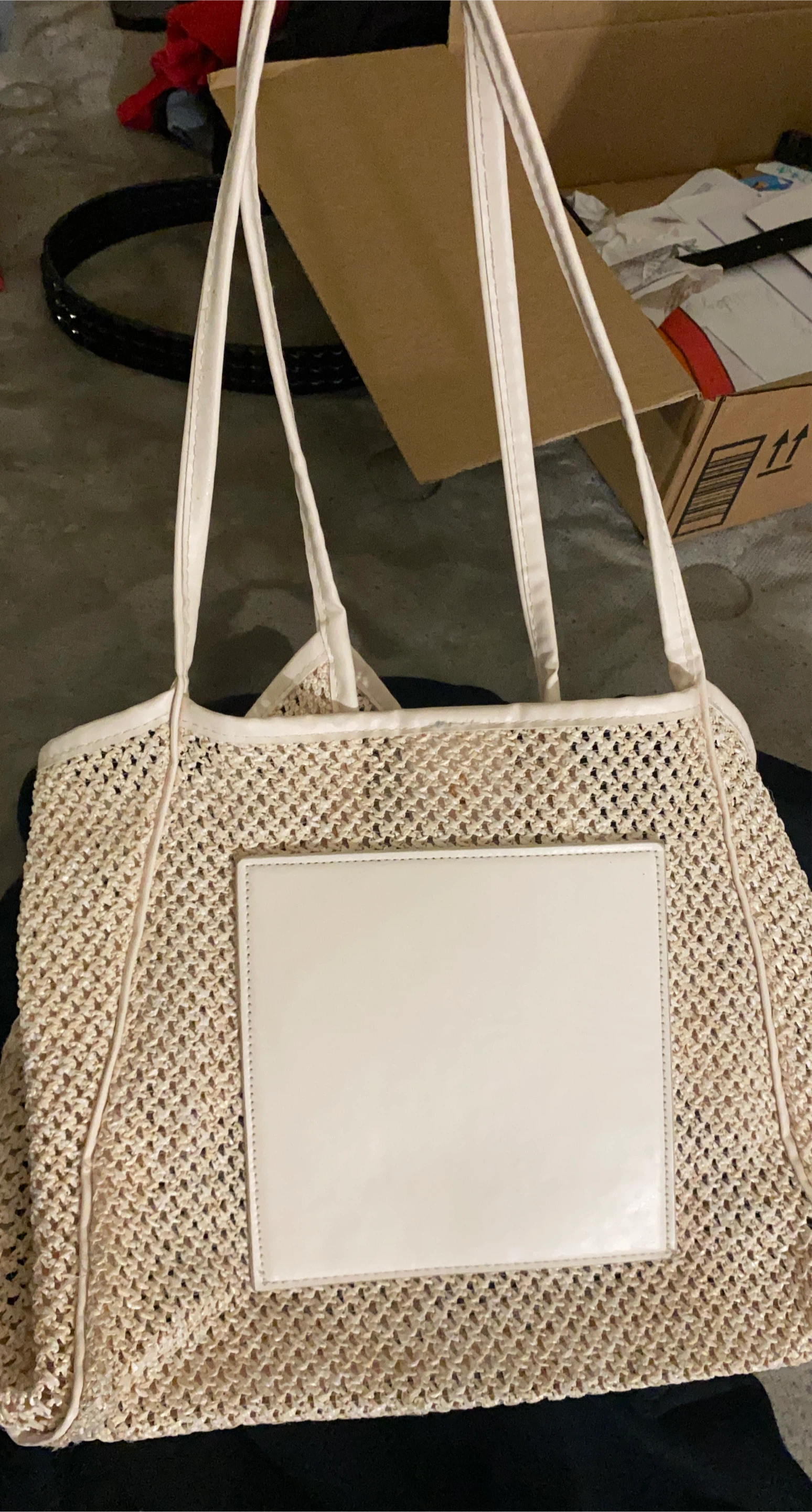 Plastic Woven Tote Bag - Beige/Cream thumbnail