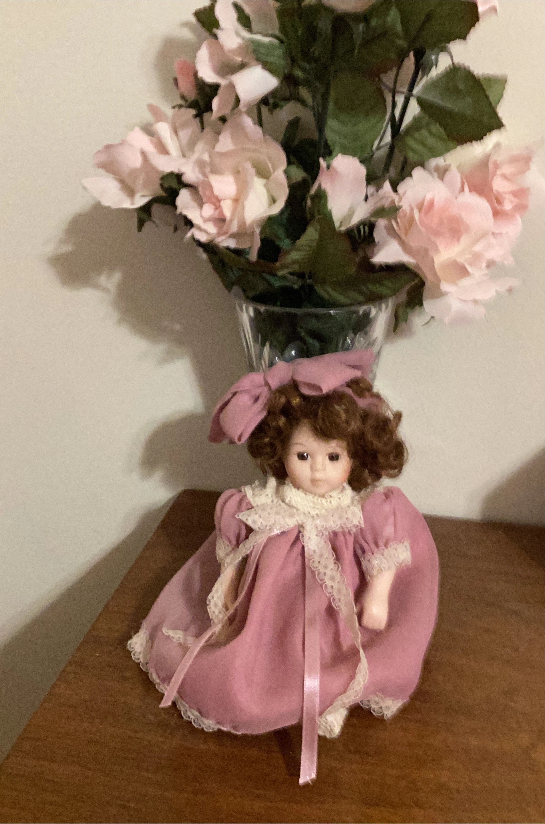 Vintage Porcelain Doll in Pink Dress thumbnail