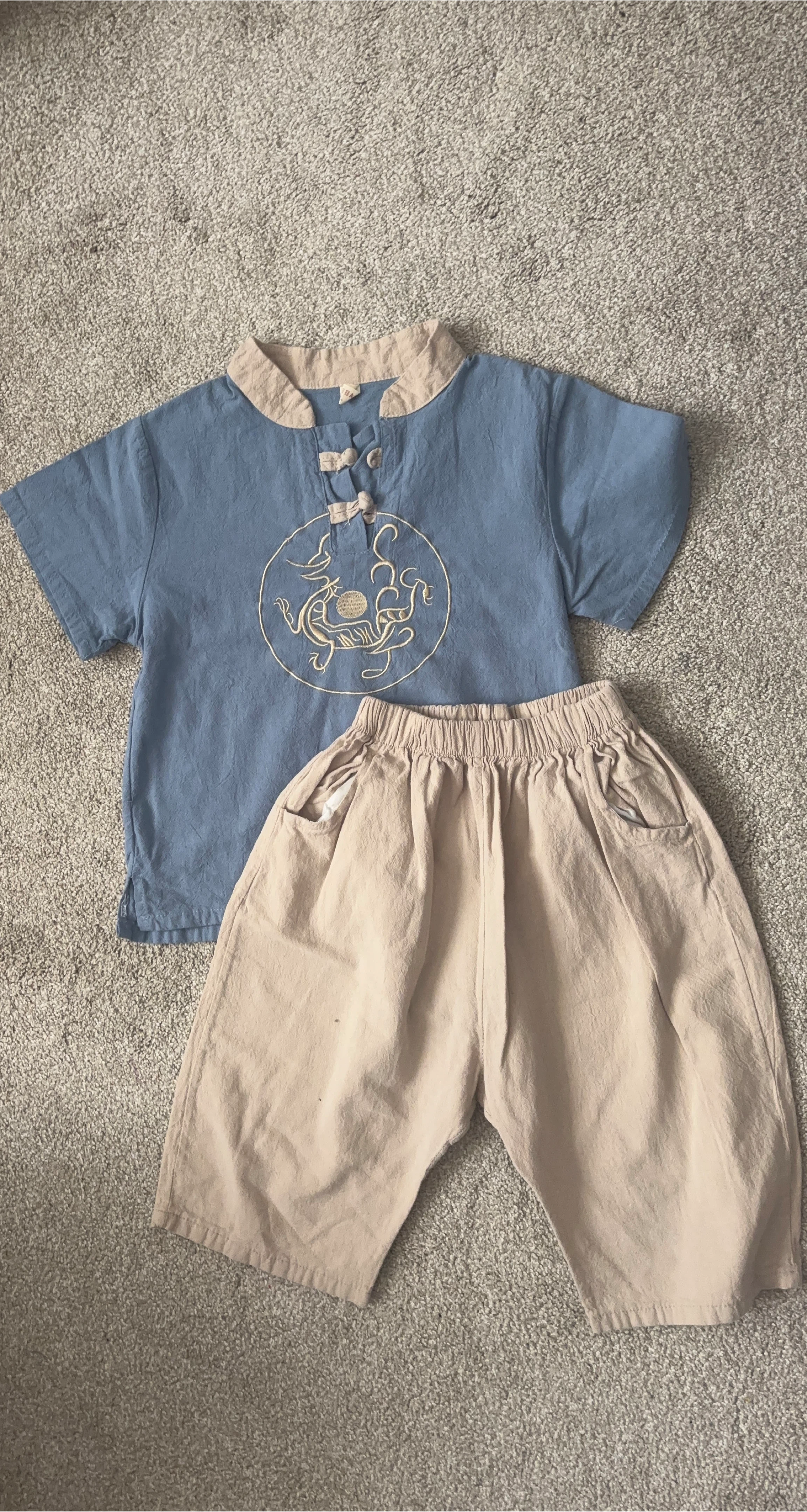 Kids' Blue Shirt & Beige Linen Shorts Set