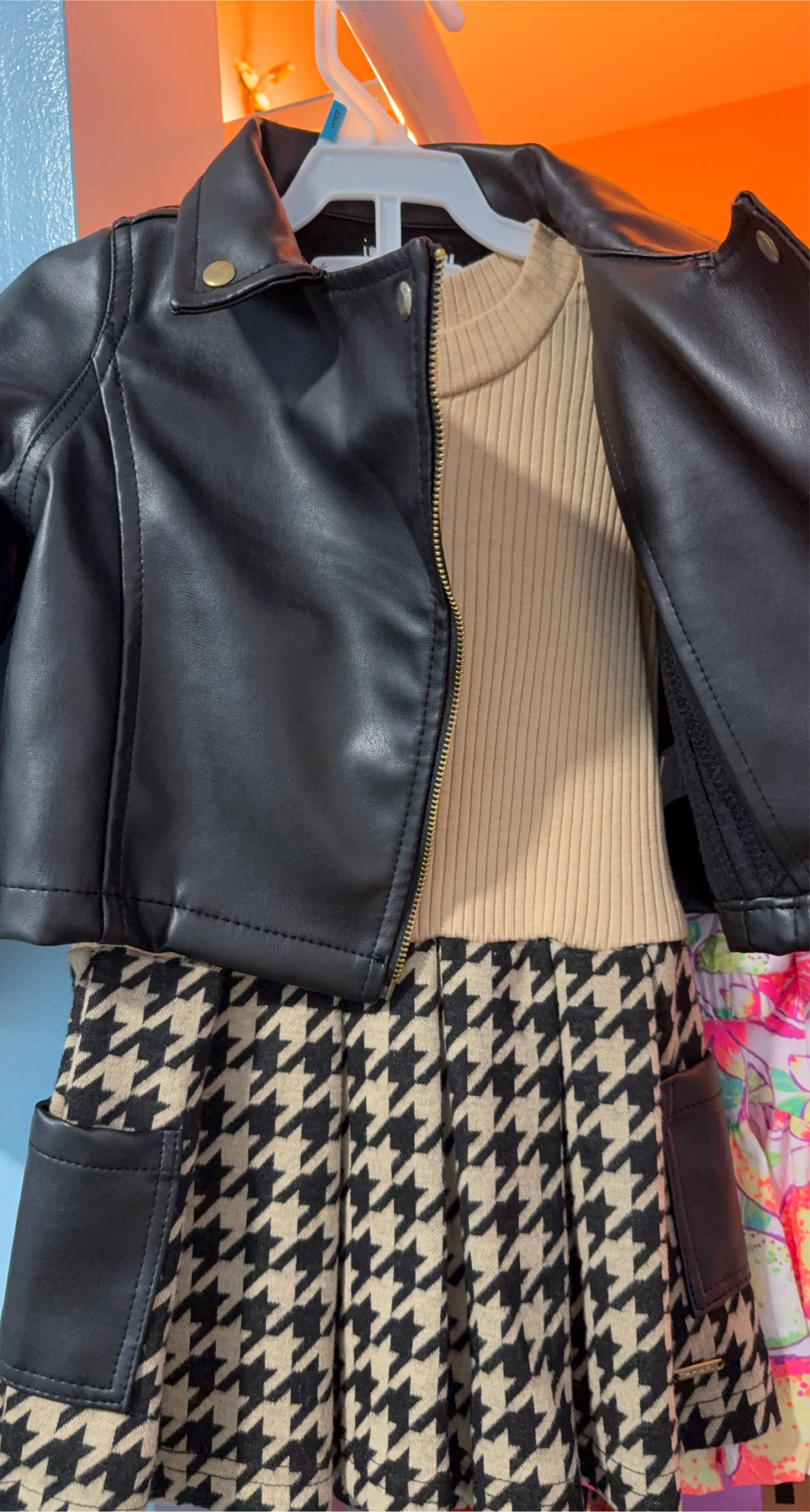Girls' Black Faux Leather Jacket & Houndstooth Skirt Set thumbnail