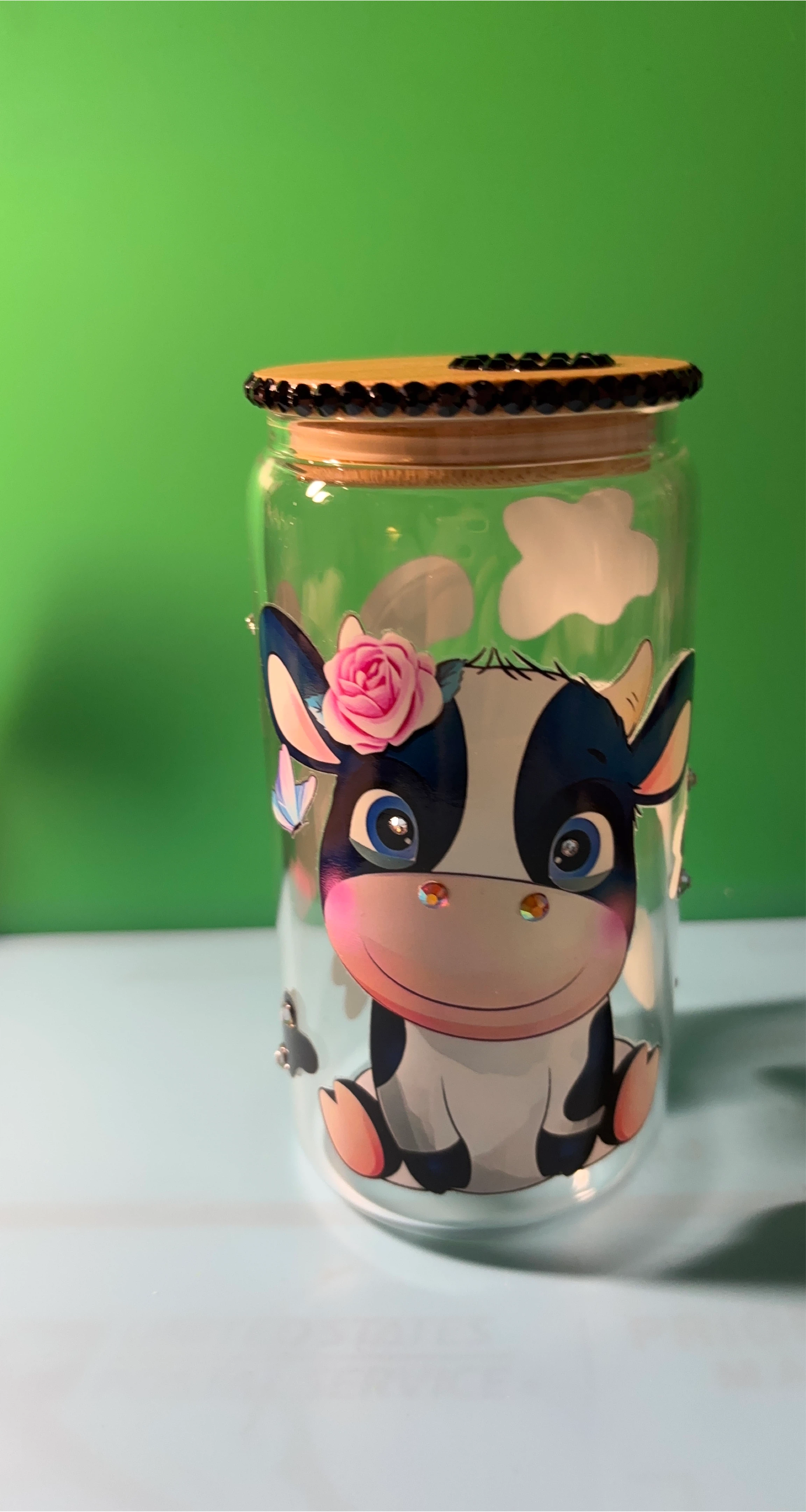Cow Design Glass Cup with Lid thumbnail