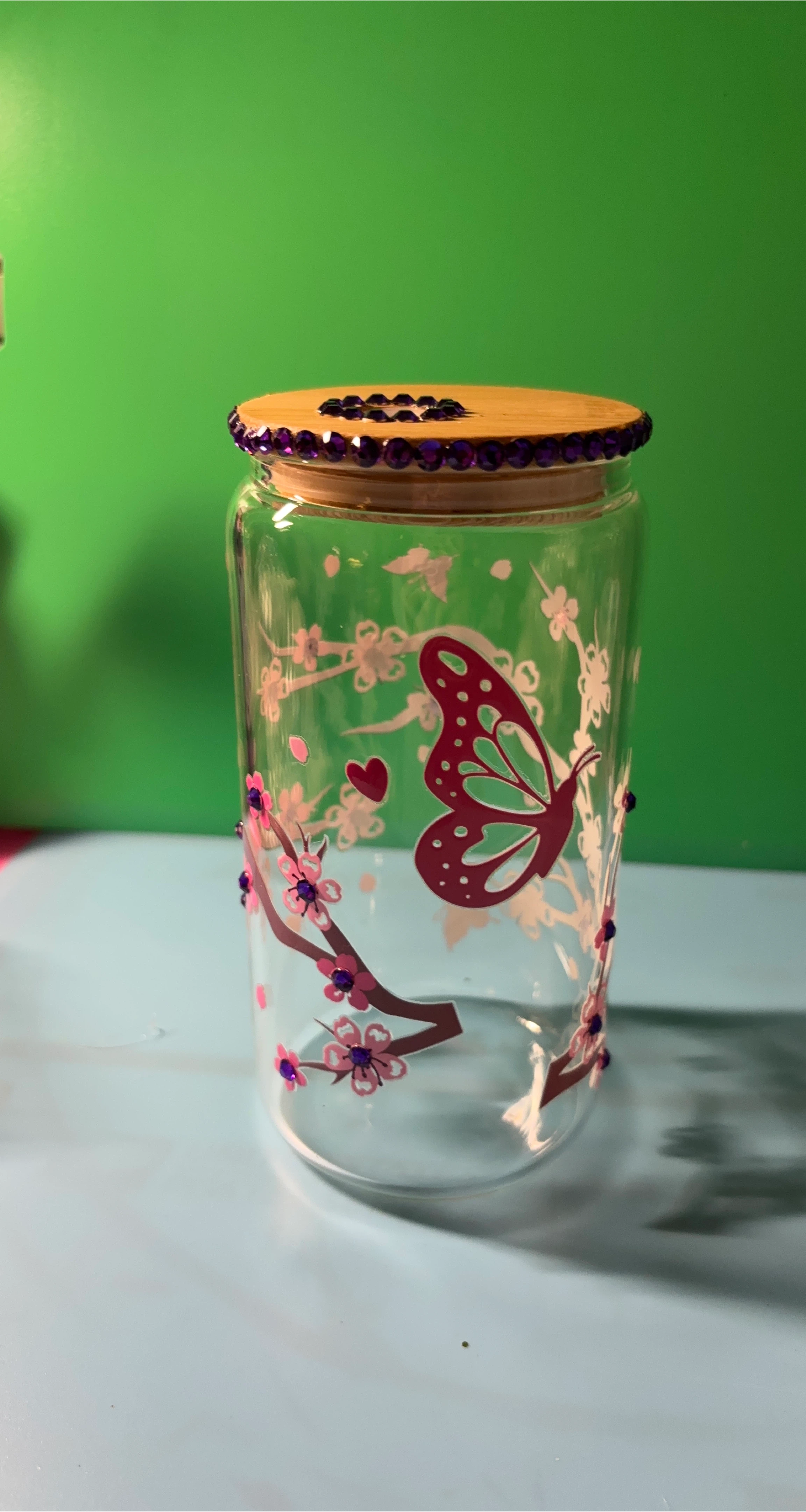 Butterfly Design Glass Cup with Lid thumbnail