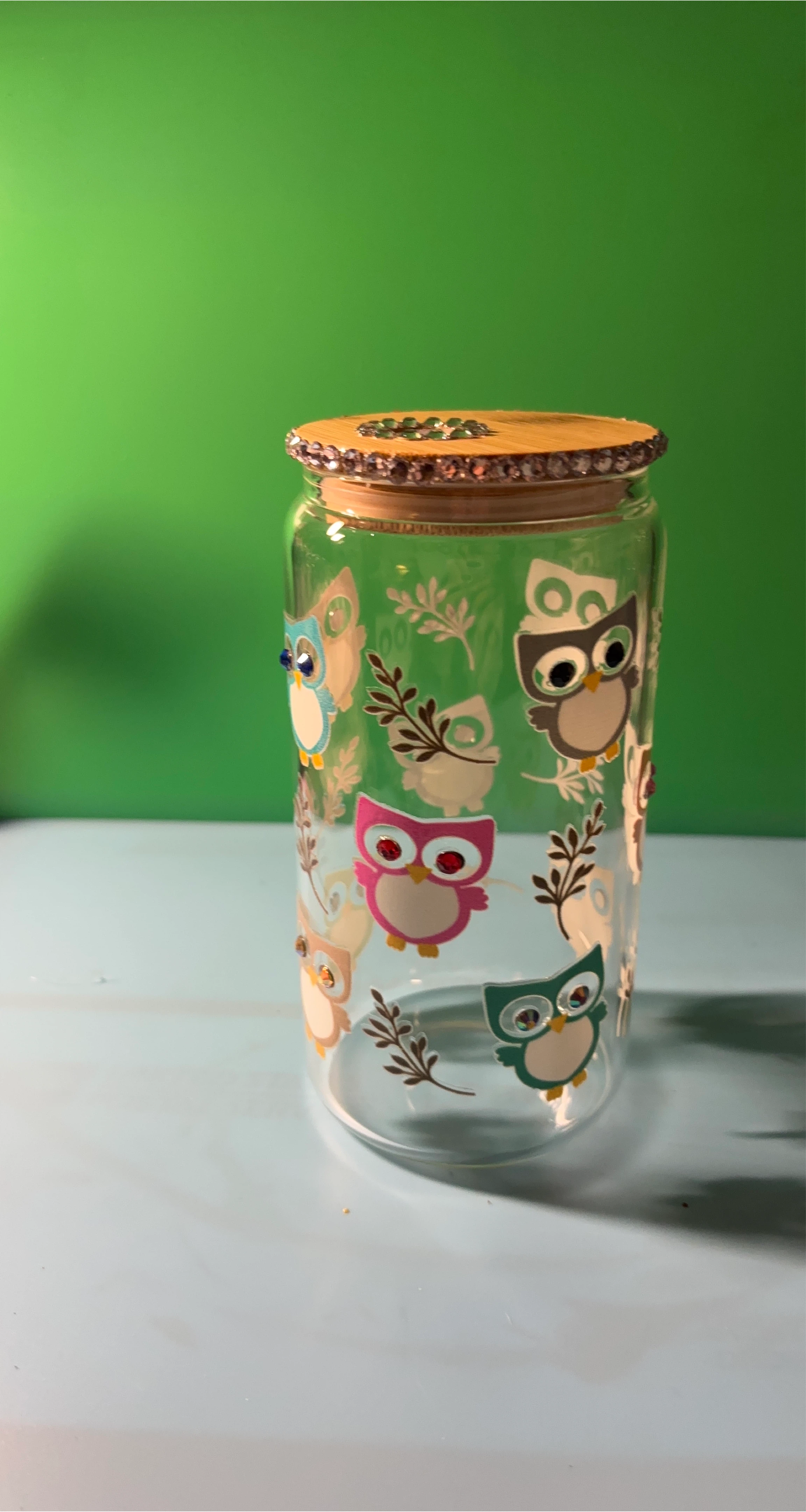 Owl Design Glass Can with Lid & Straw image indicator(1)