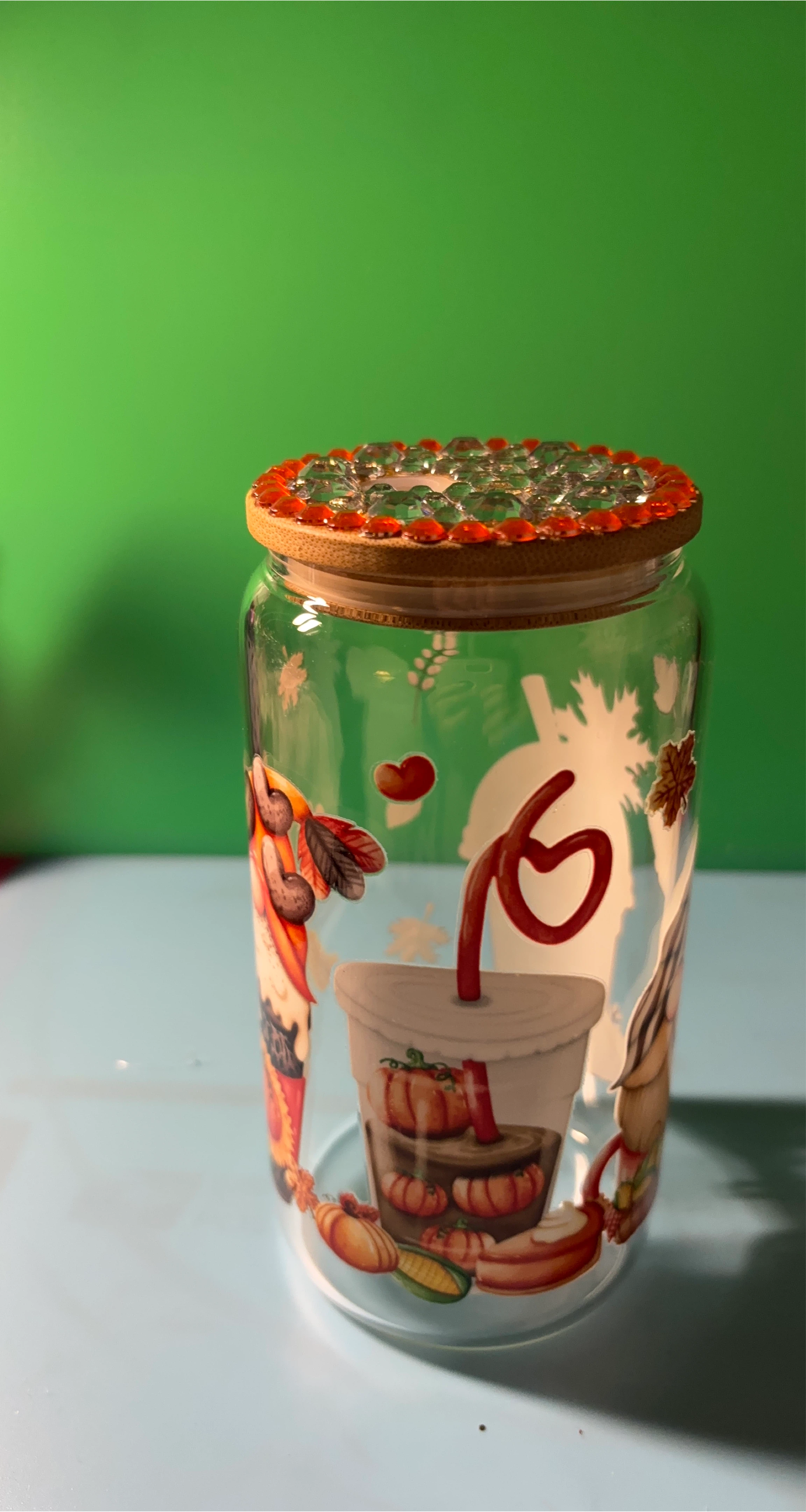 Fall Themed Glass Can Cup with Straw image indicator(1)