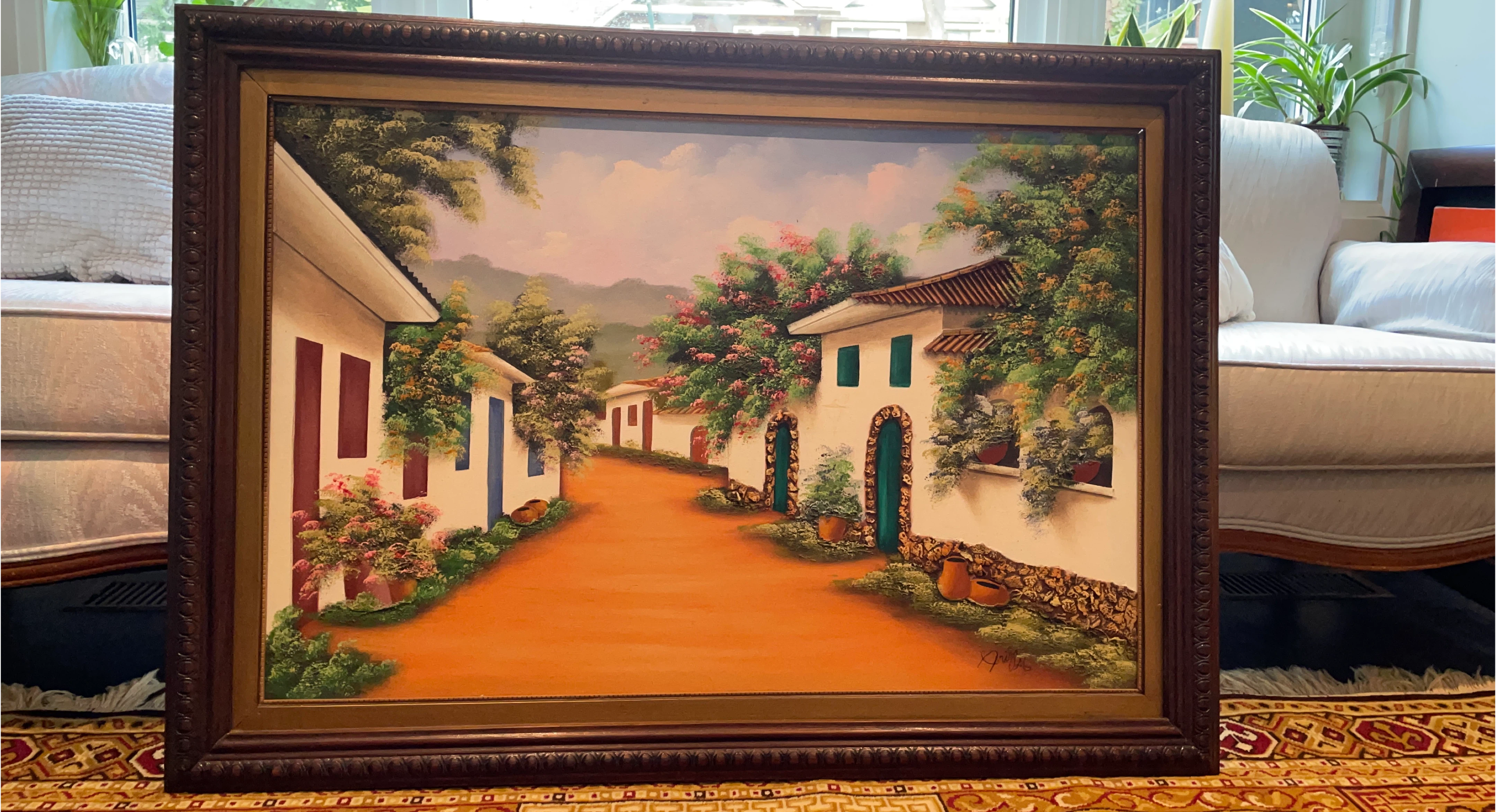 Framed oil  painting of village thumbnail
