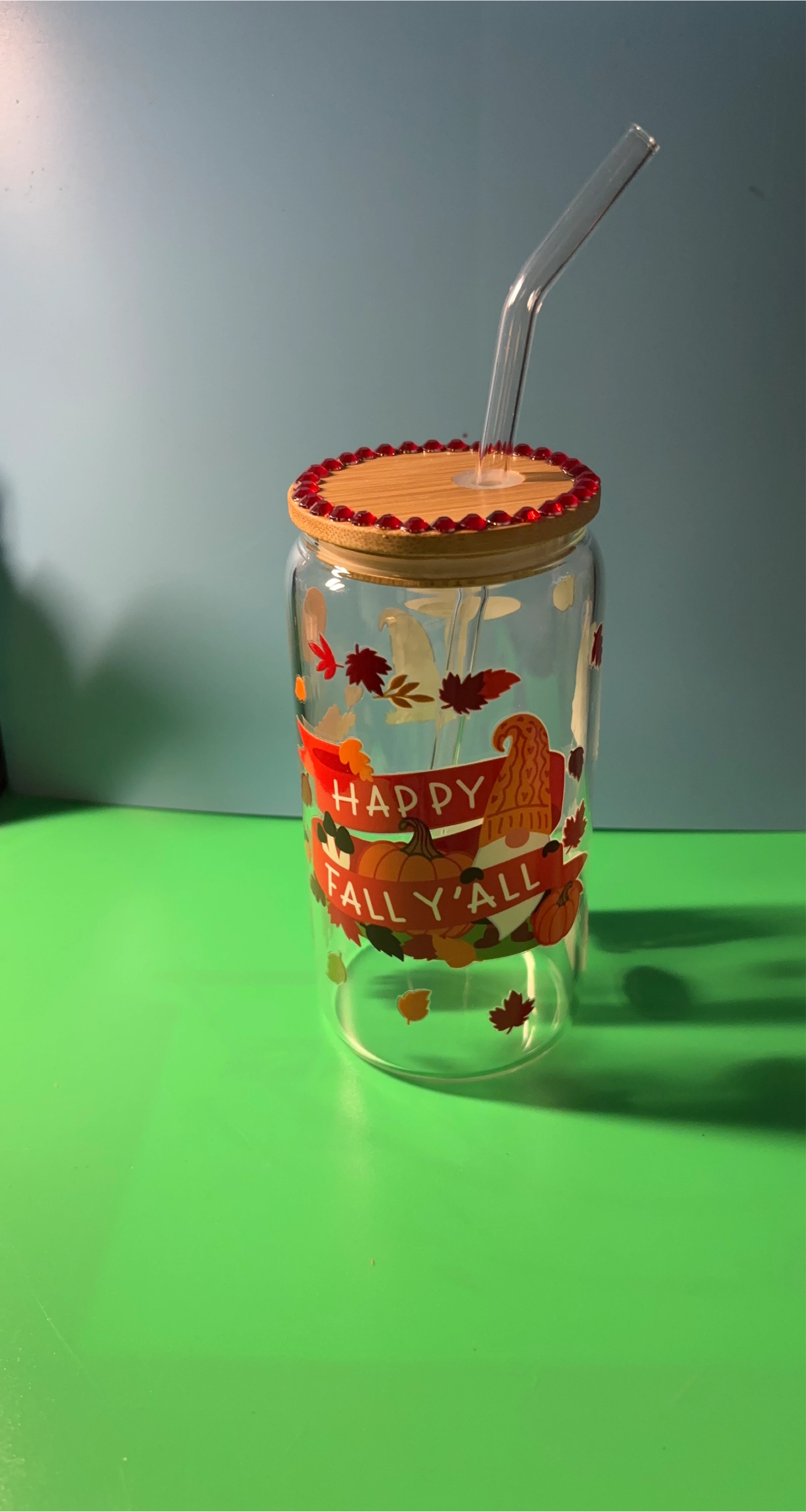 Happy Fall Y'All Glass Tumbler with Straw thumbnail