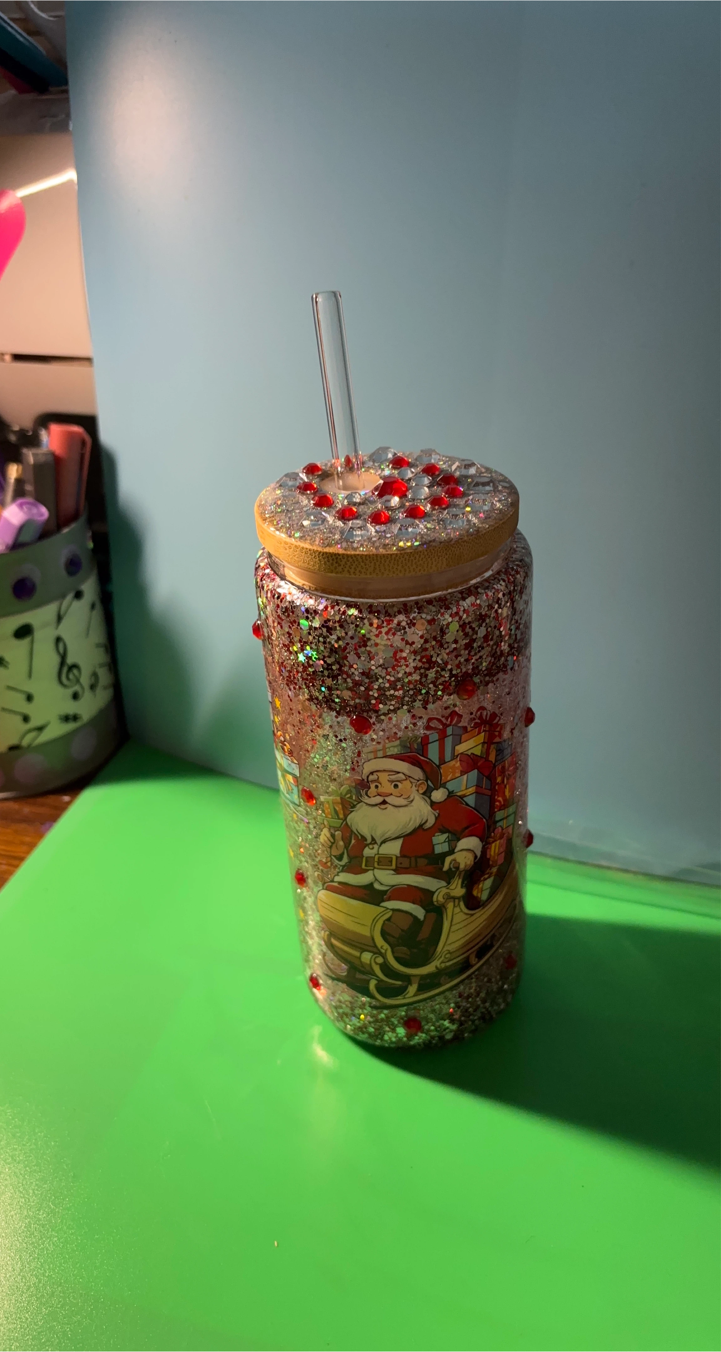 Handmade Santa 20oz Snow Globe Tumbler with Straw thumbnail