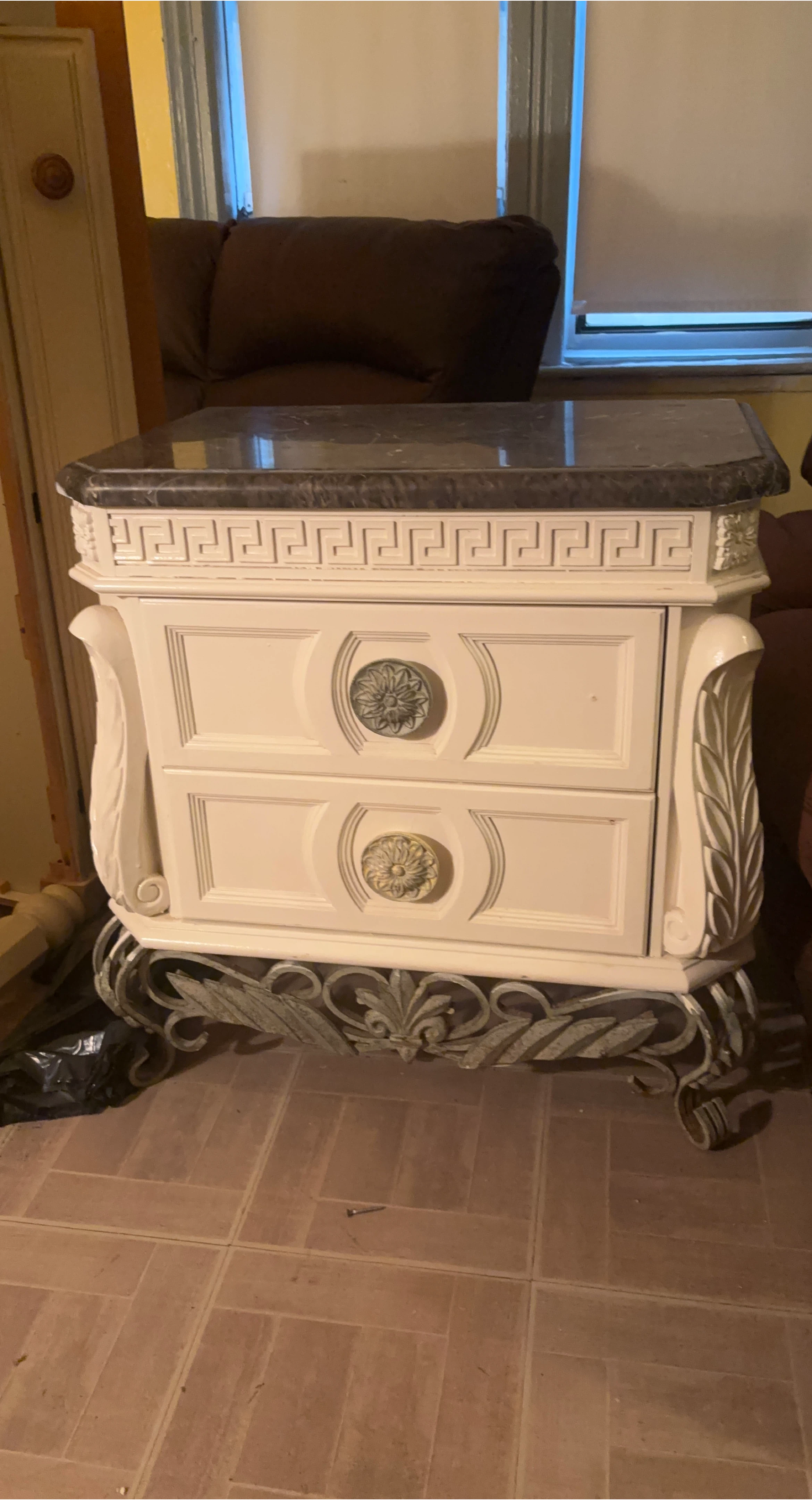 Marble Top Nightstand with Ornate Details thumbnail