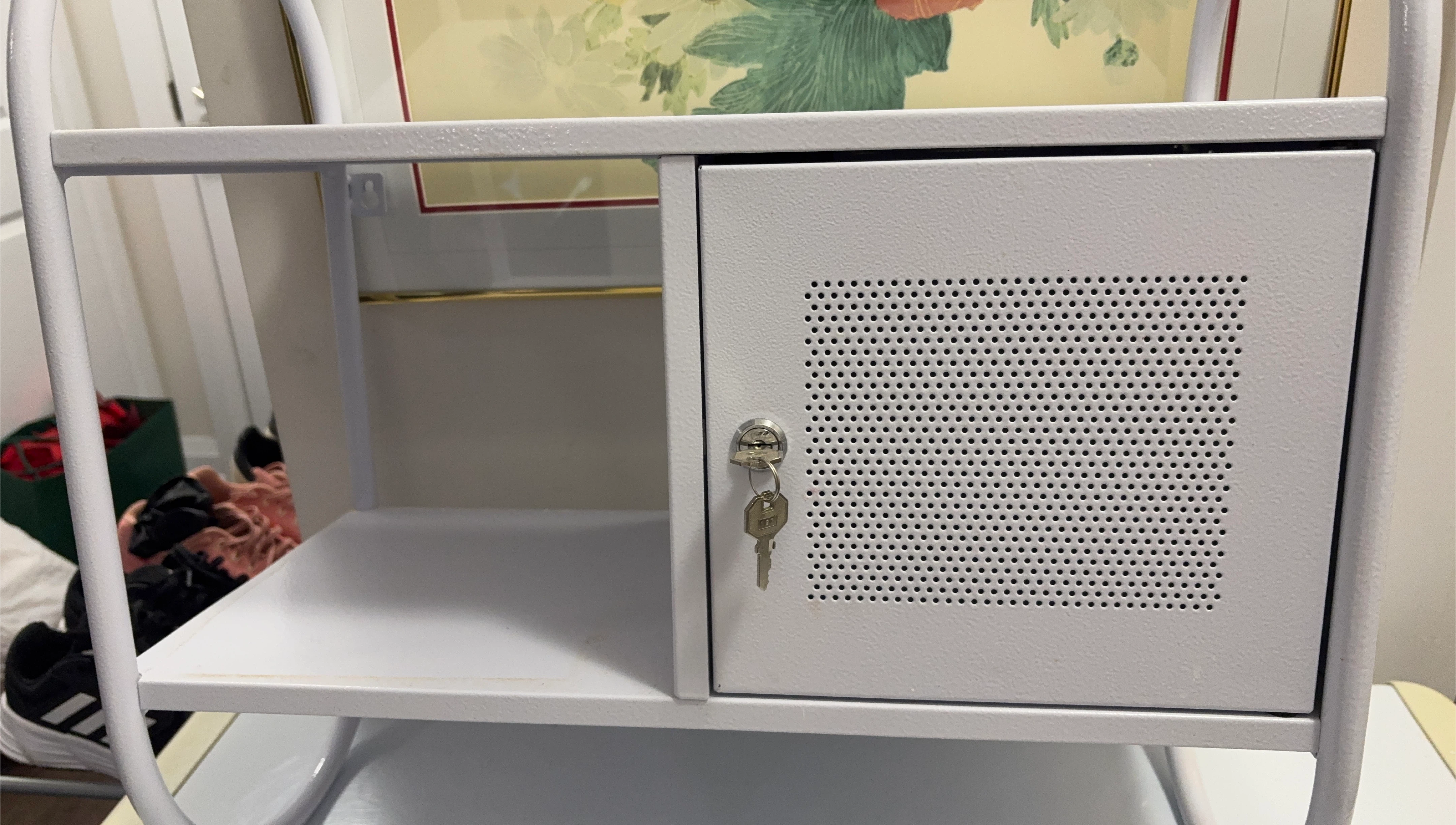 White Metal Rolling Cart with Lockable Cabinet thumbnail