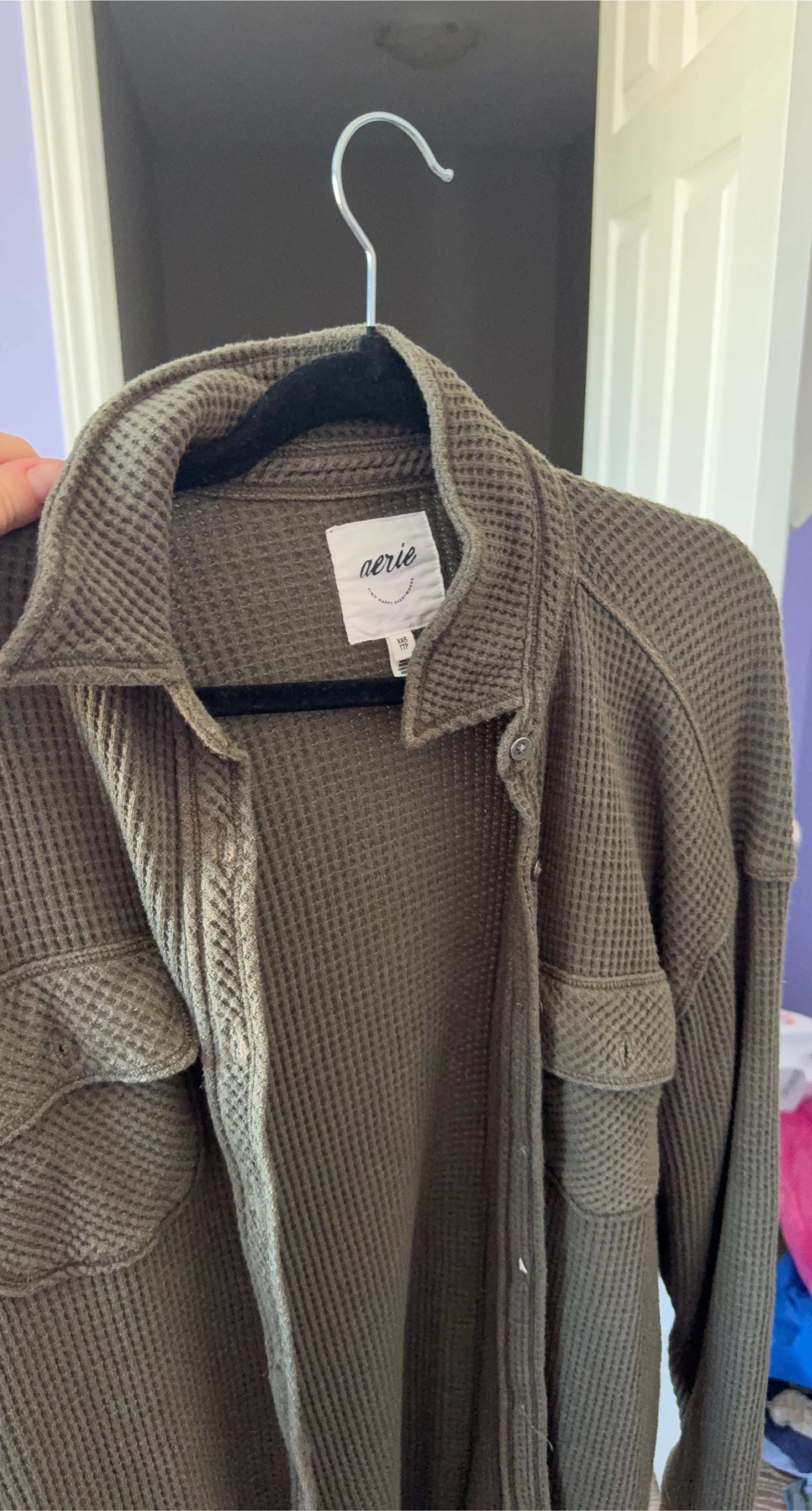 Aerie Olive Green Waffle Knit Button-Up XXS thumbnail