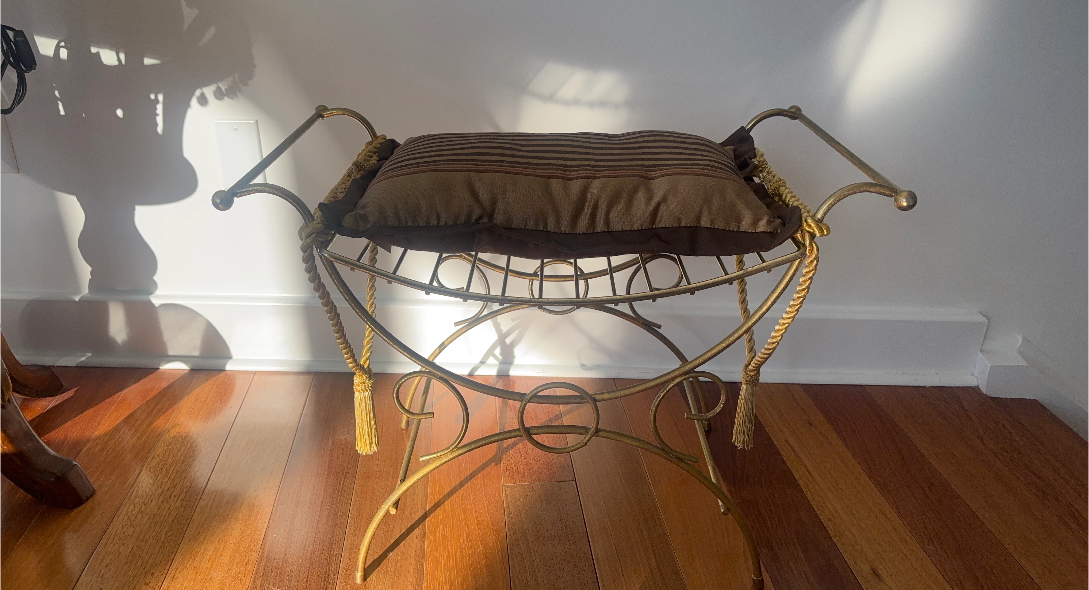 Vintage Gold Metal Stool with Brown Cushion thumbnail