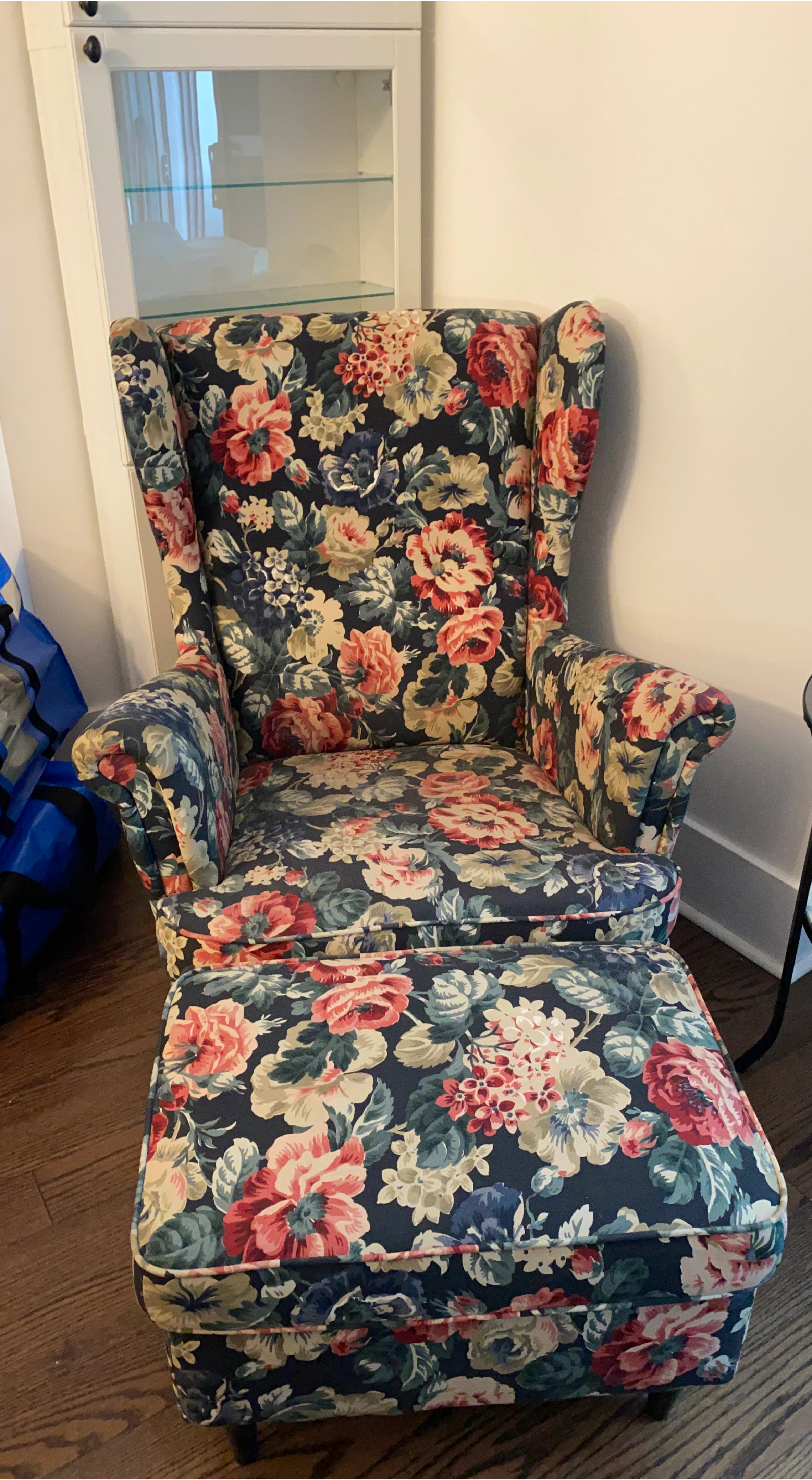 IKEA Floral Wingback Chair with Ottoman thumbnail