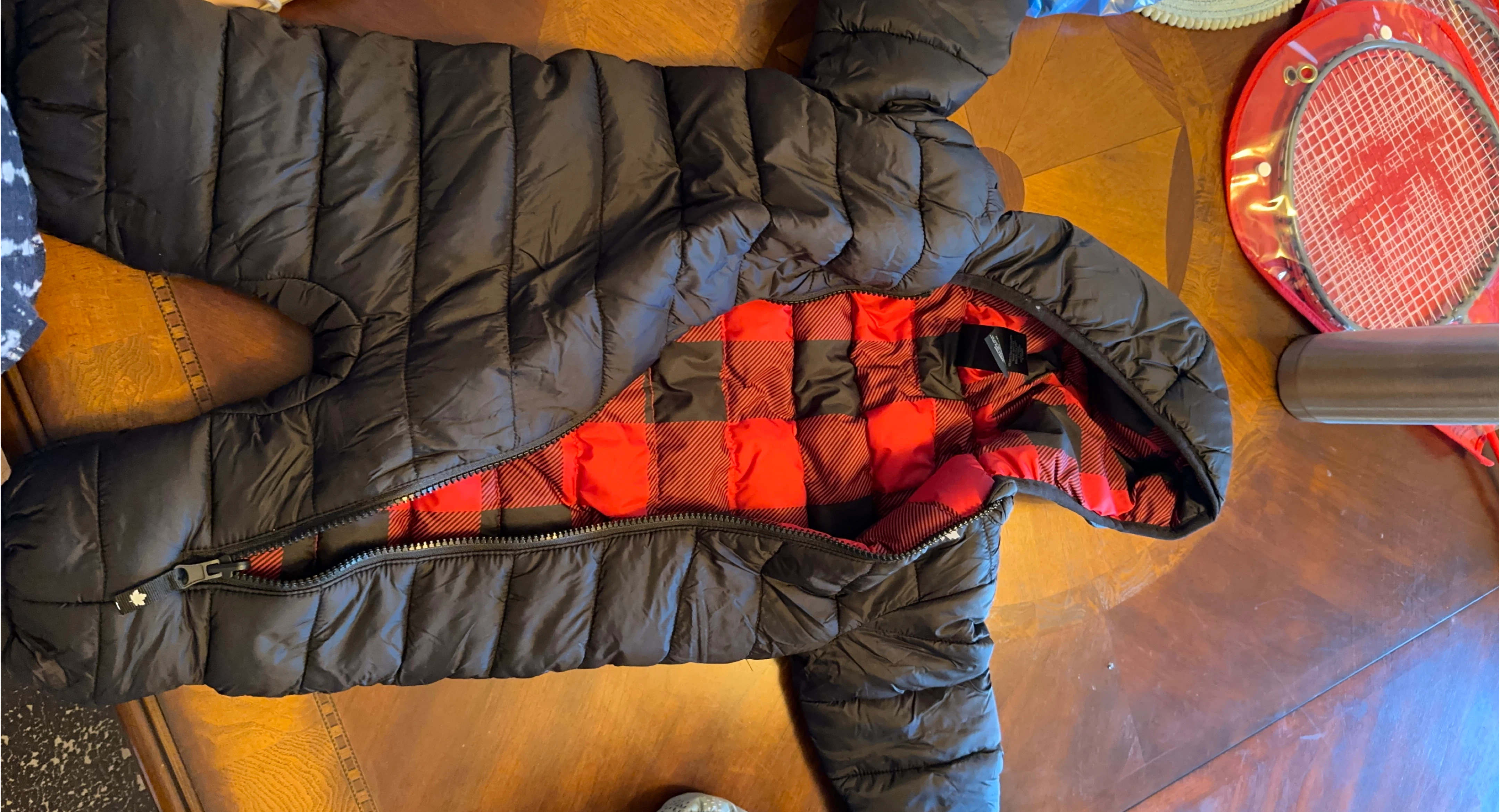 Black Puffer Jacket with Red Plaid Lining thumbnail