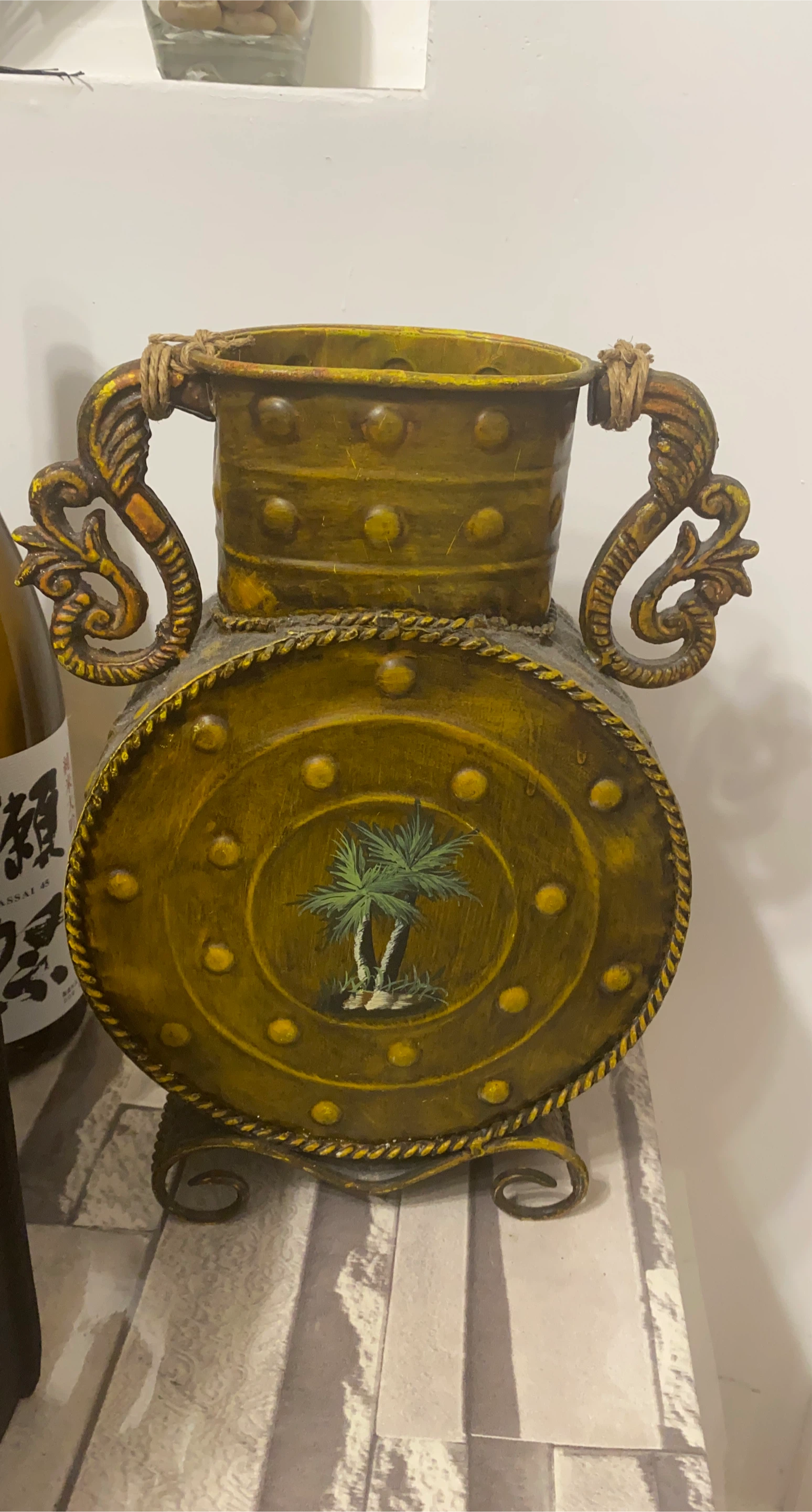 Decorative Metal Vase with Palm Tree Design thumbnail