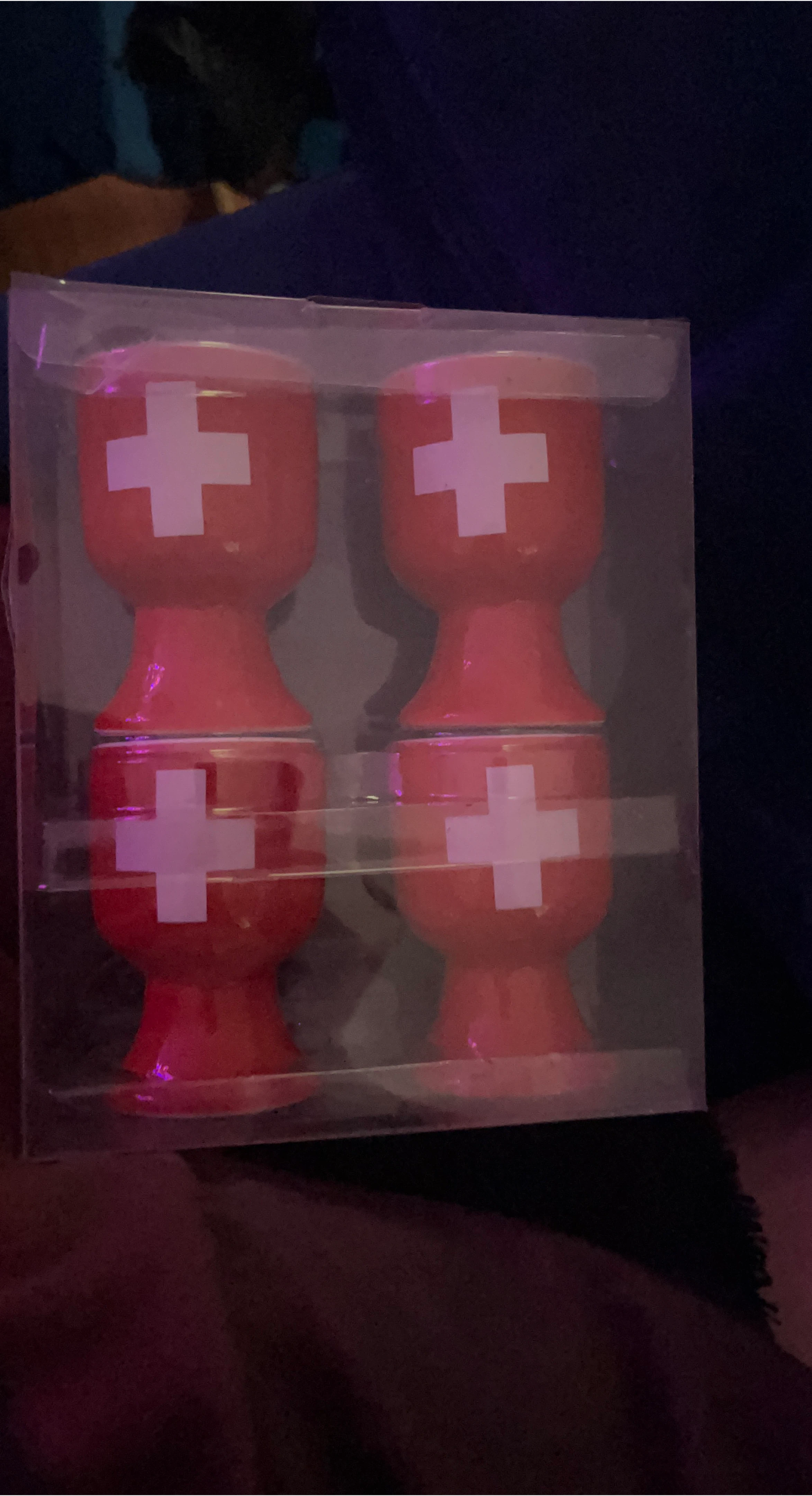 Set of 4 Red Egg Cups with White Swiss Cross Design
