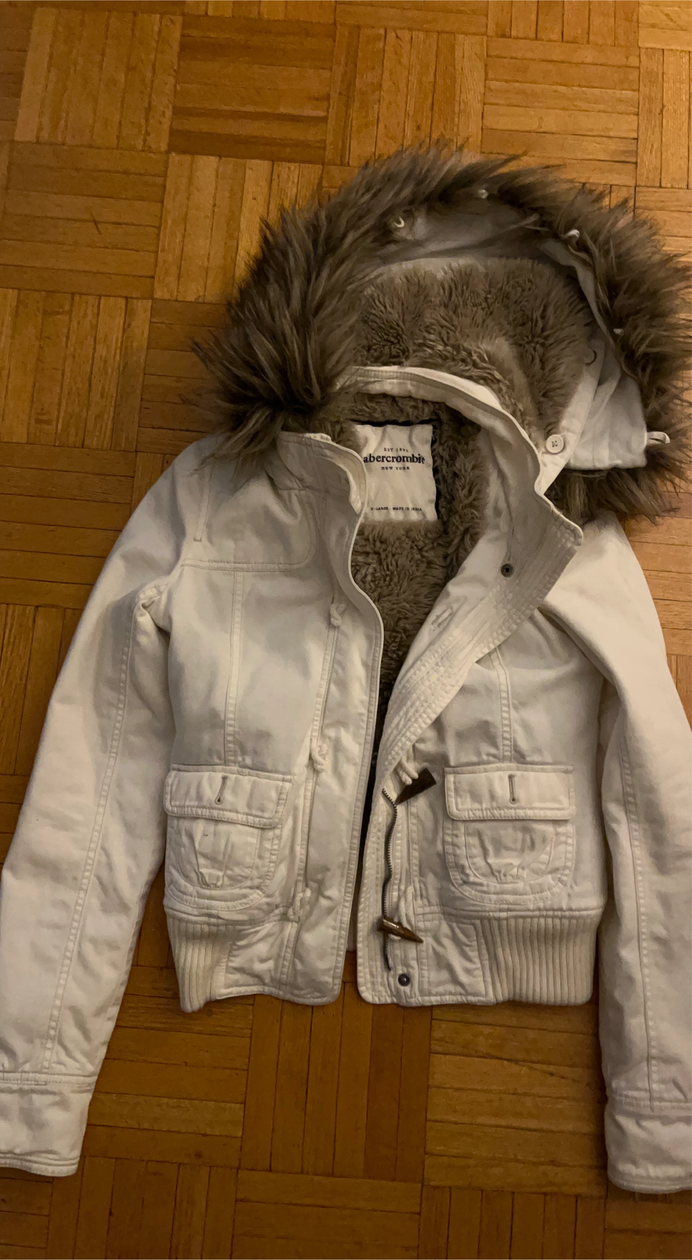 Abercrombie & Fitch White Fur Hooded Jacket, Size XL