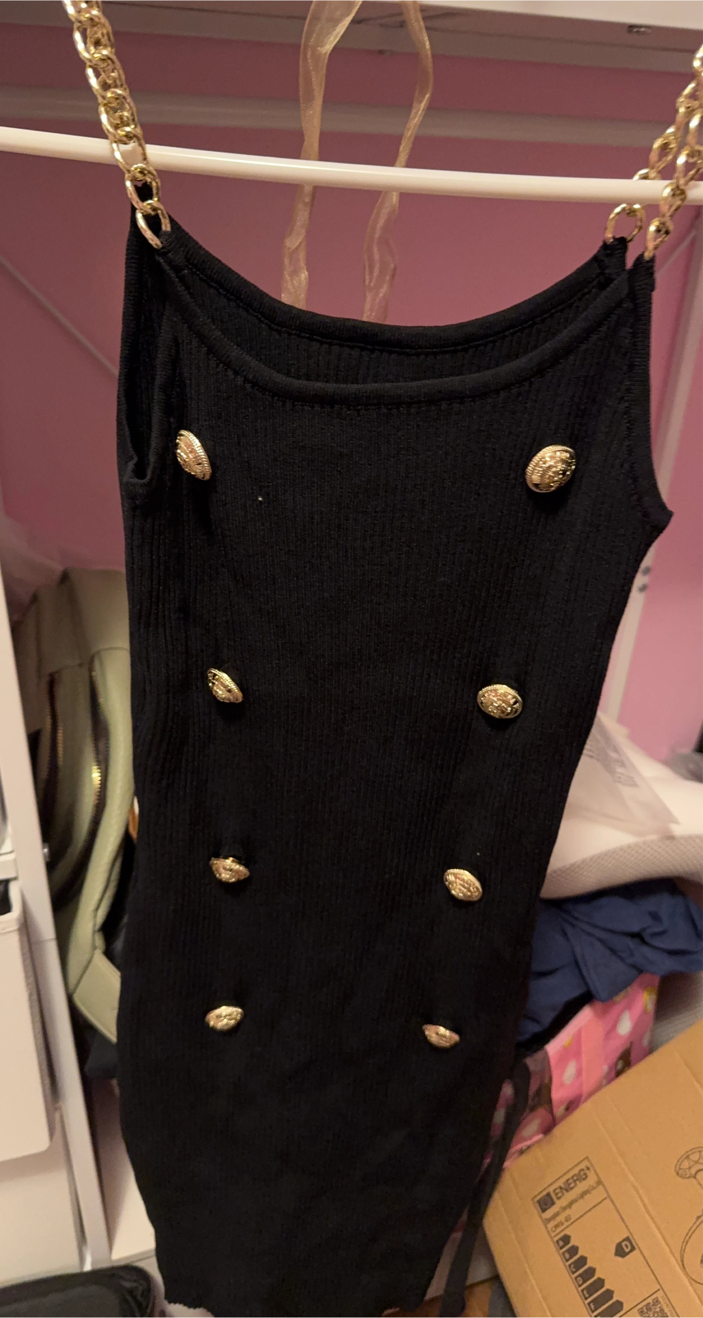 Black Ribbed Tank Dress with Gold Chain Straps