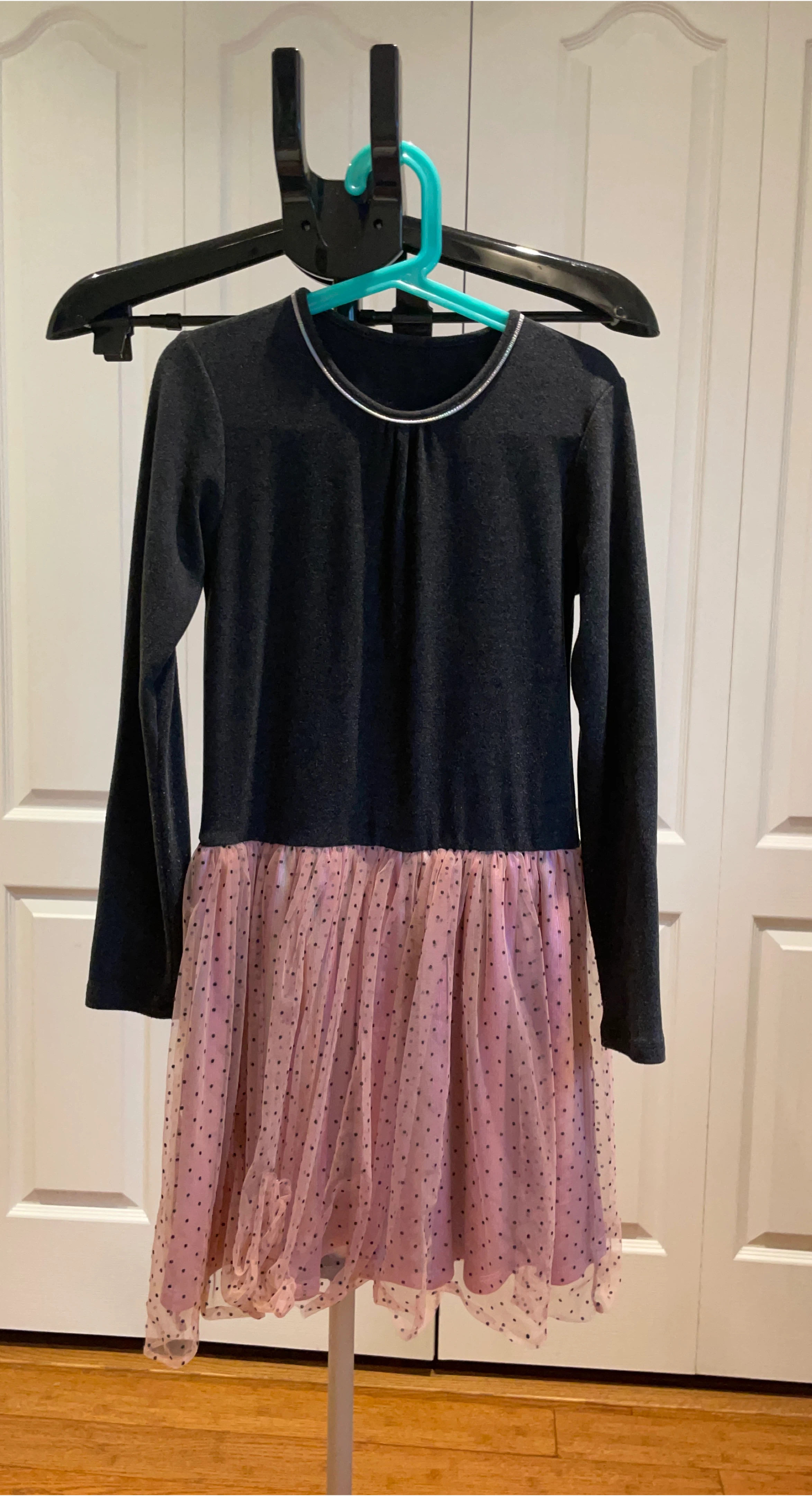 Girl's Grey Long Sleeve Dress with Pink Tulle Skirt thumbnail