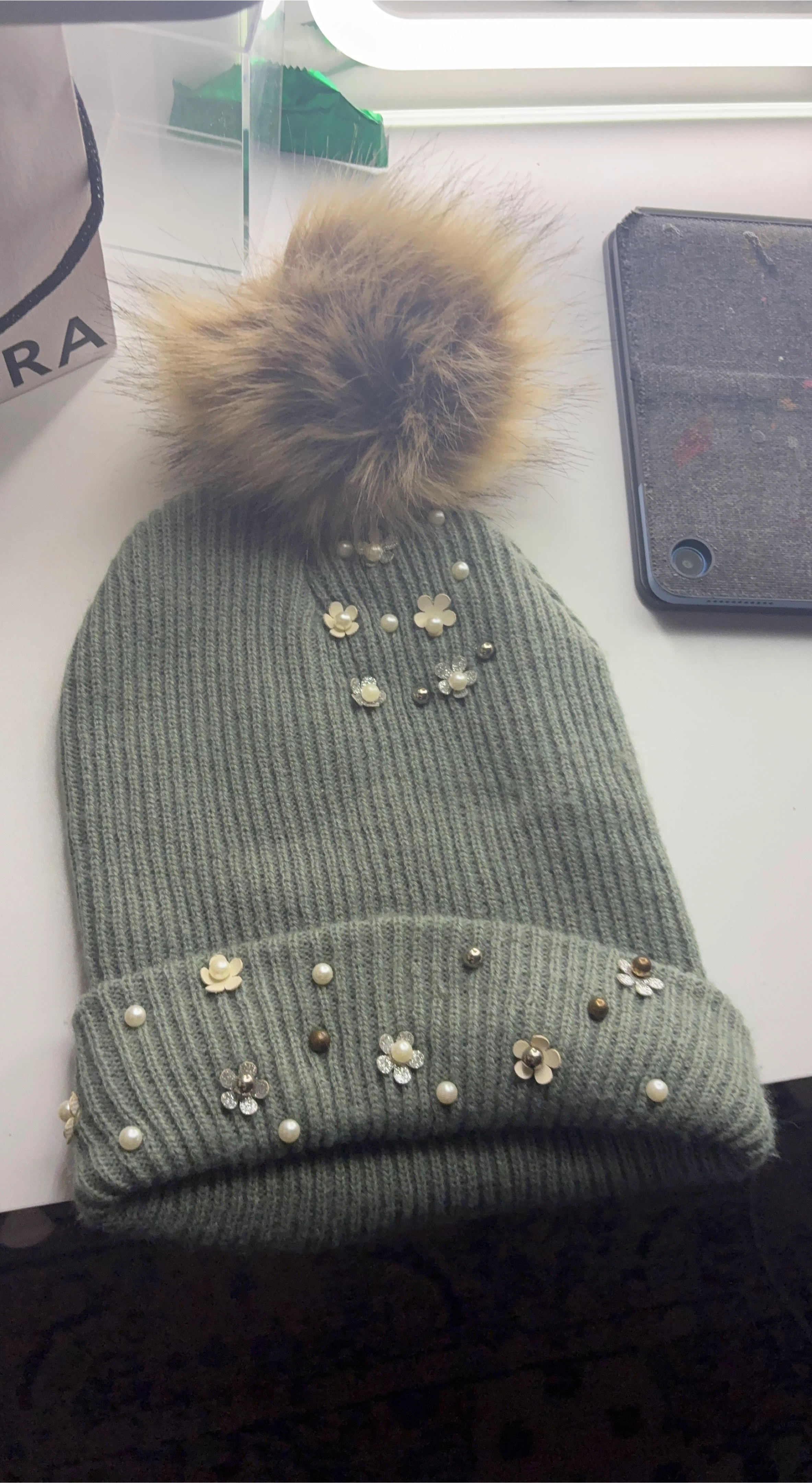 Grey Beanie with Faux Fur Pom Pom
