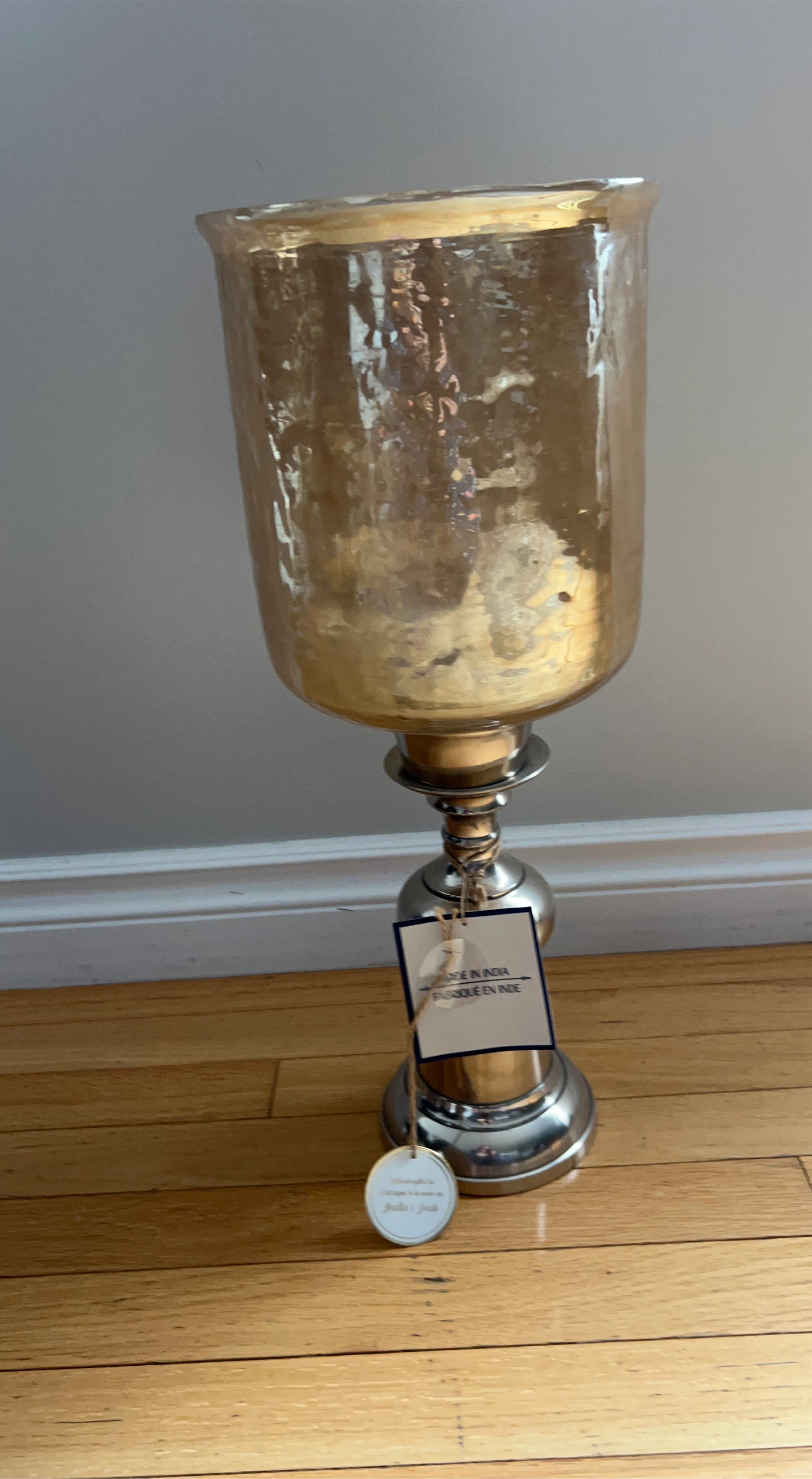 Gold Glass Hurricane Candle Holder# clean out