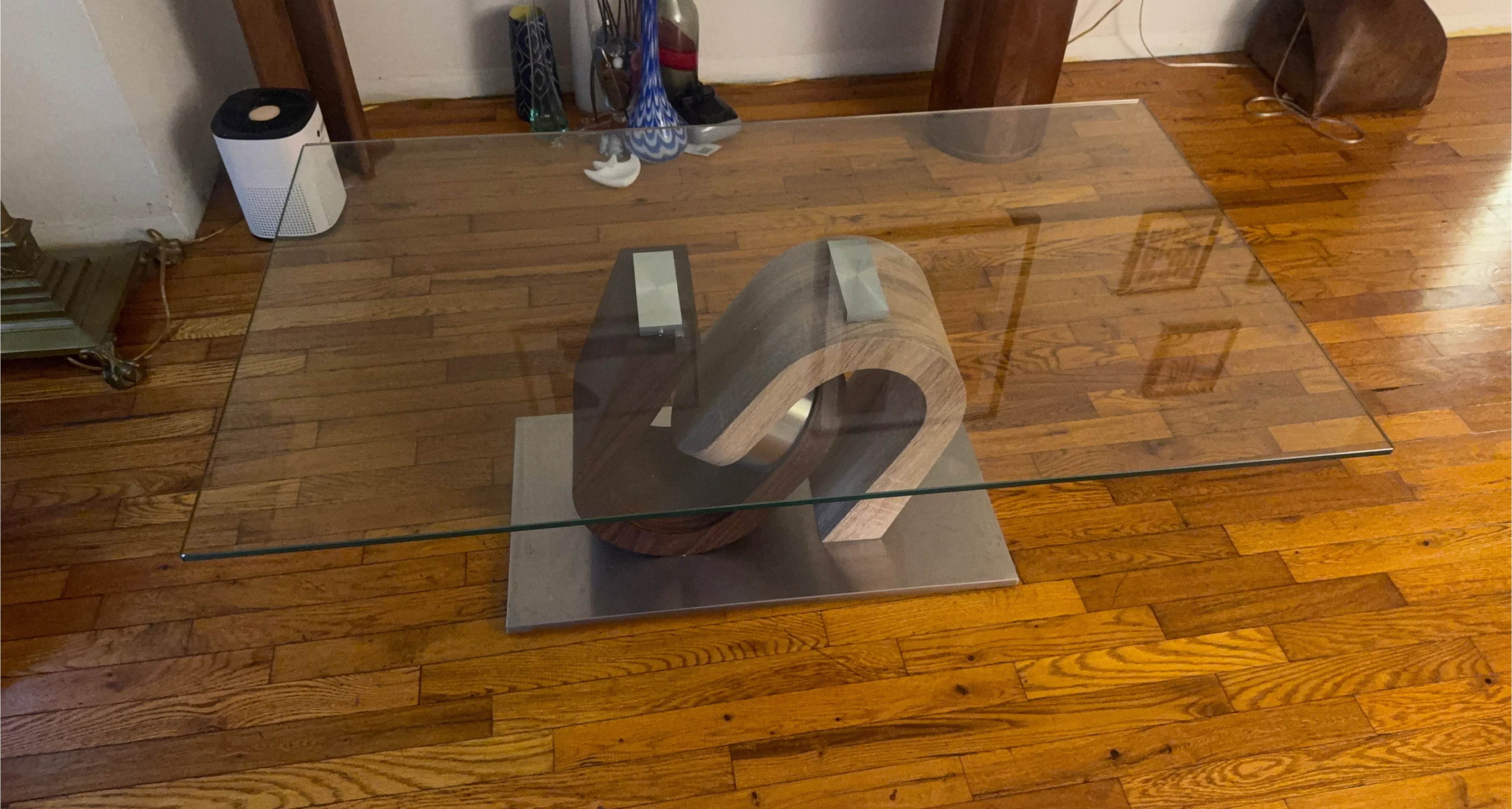 Glass Coffee Table with Wooden Base