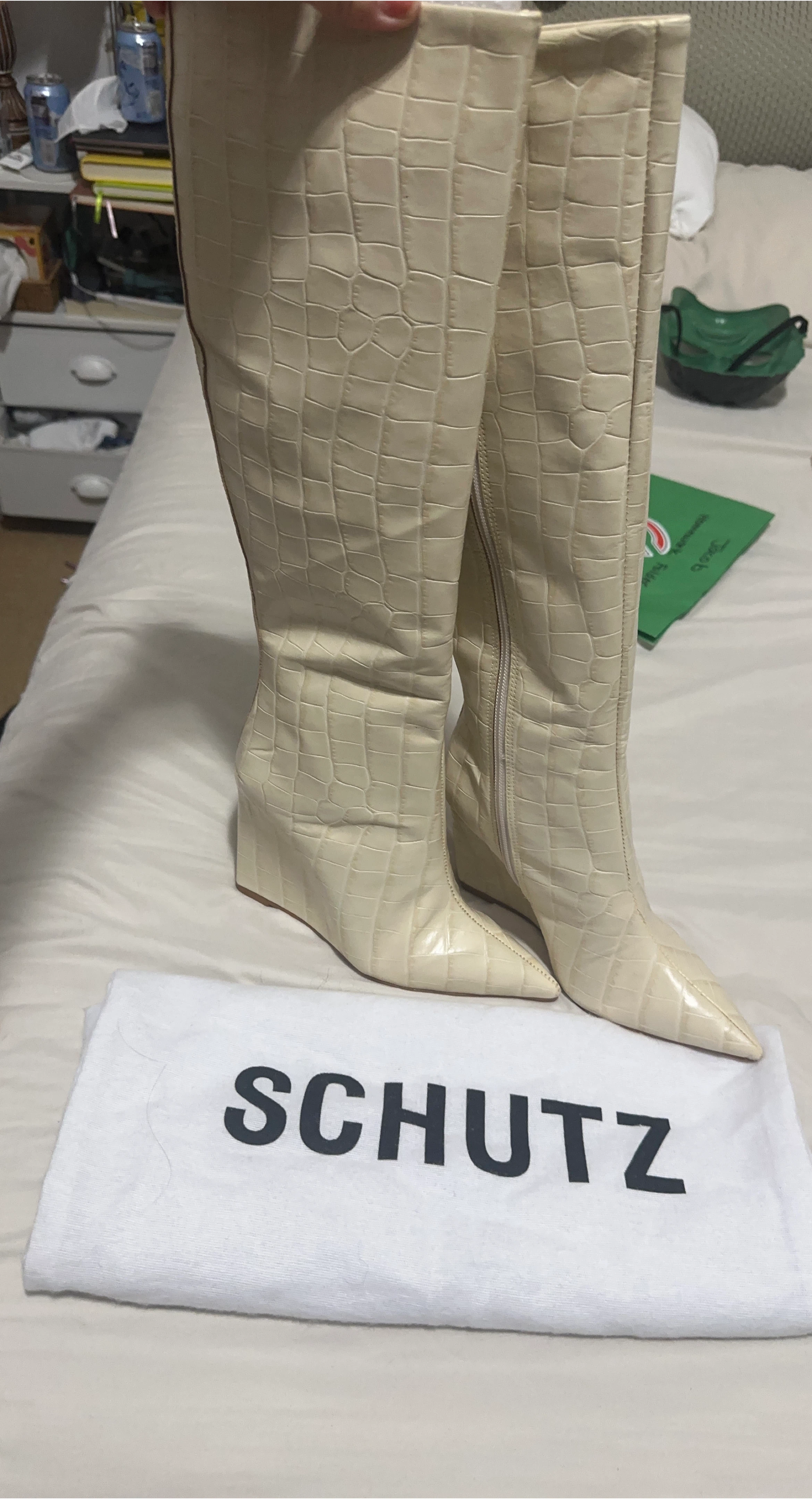 Schutz Arya Up Wide Croc Embossed Boots Size 8