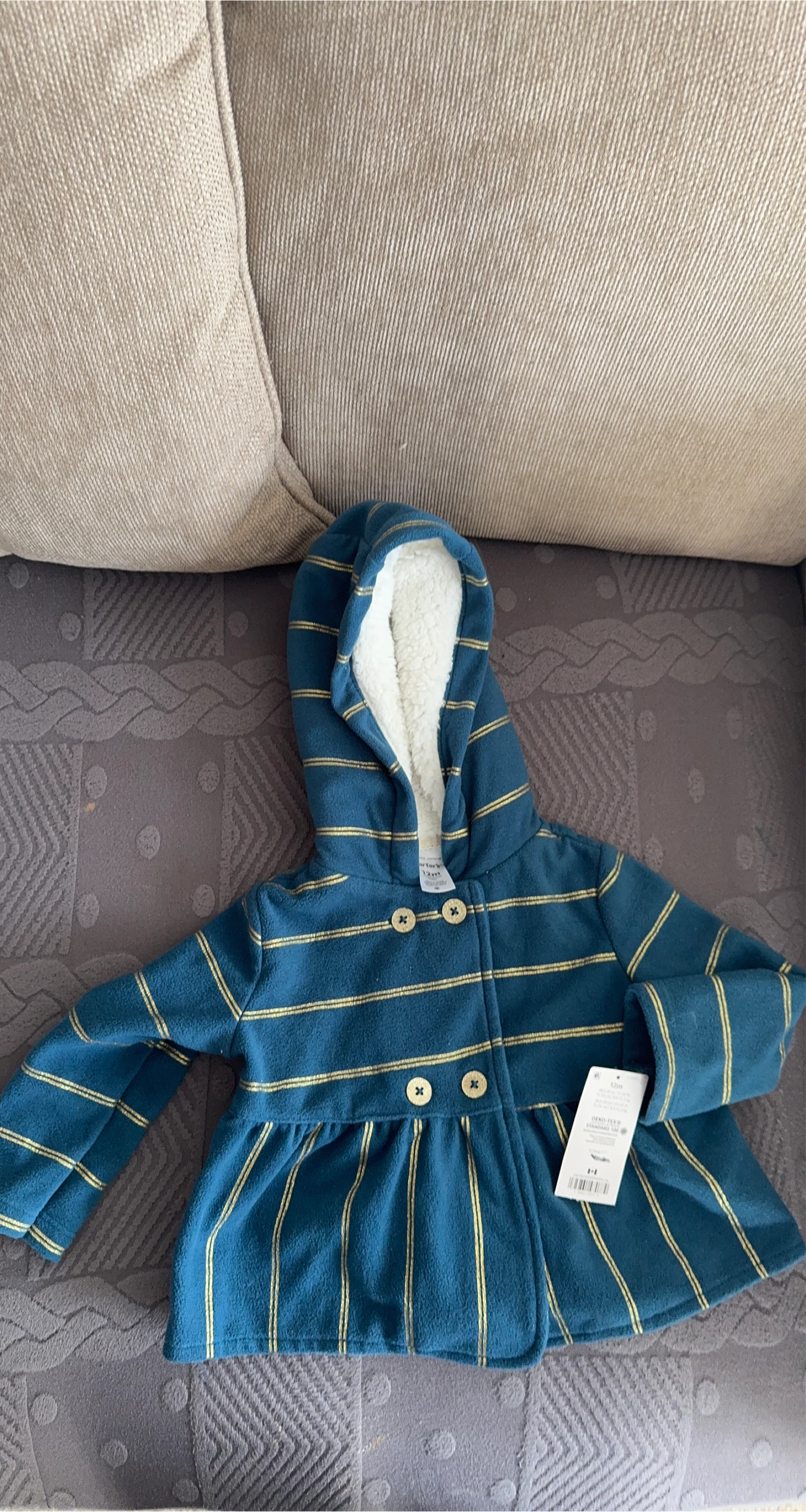 Carter's 12M Blue & Gold Striped Hooded Coat - New
