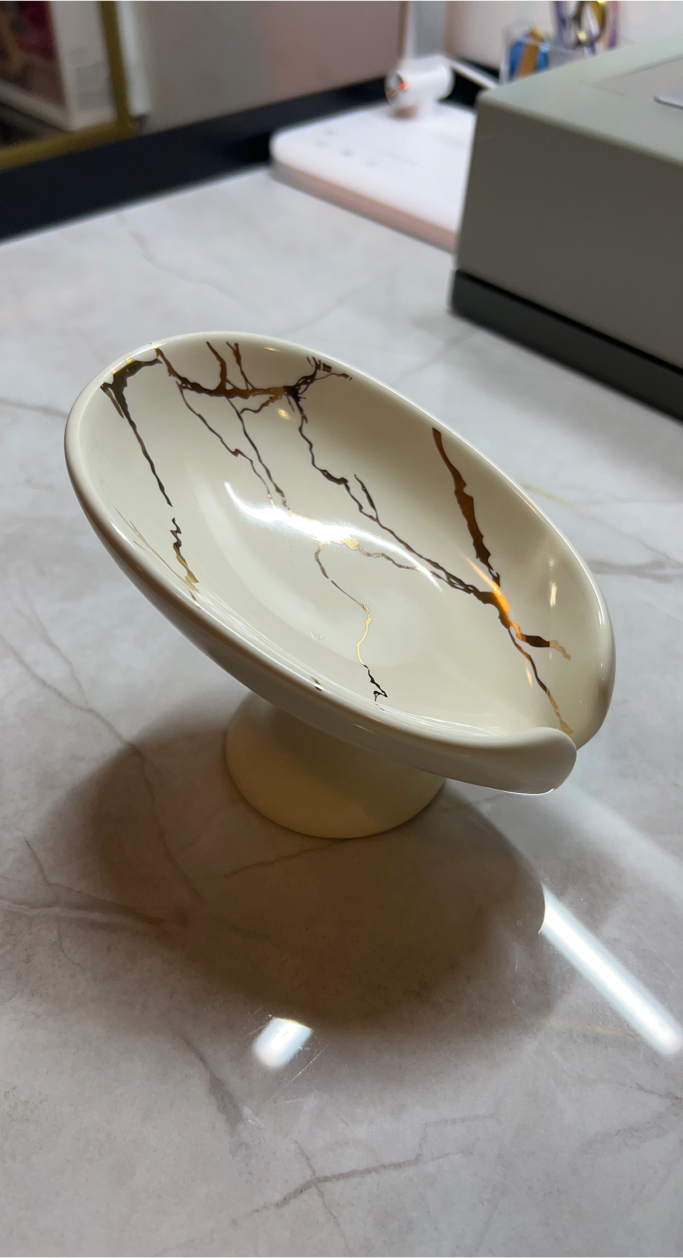 Ceramic Self Draining Soap Dish - White Marble/Gold image indicator(2)
