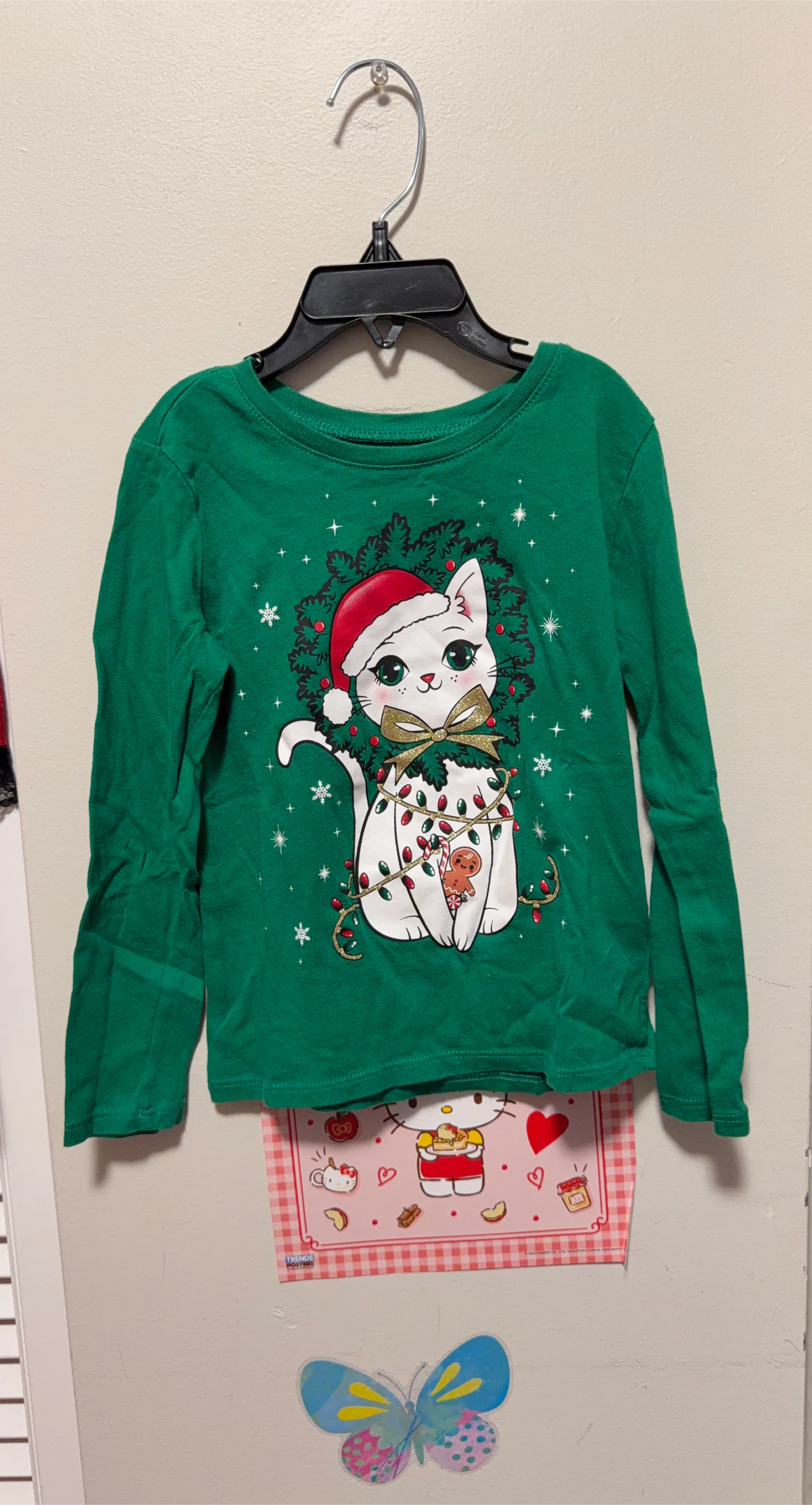 Green Christmas Cat Long Sleeve Shirt Size XSmall thumbnail