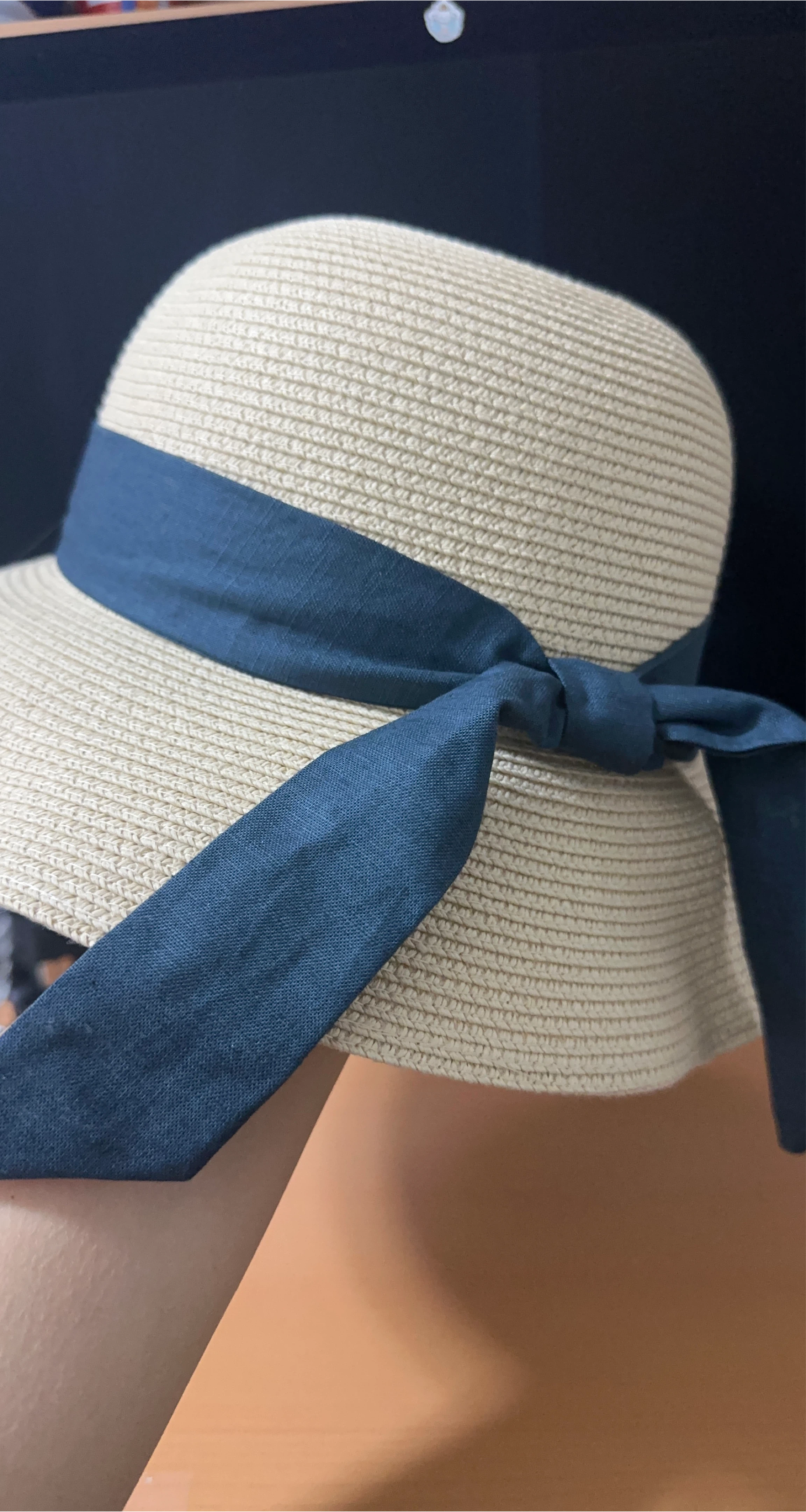 Beige Straw Hat with Navy Ribbon thumbnail