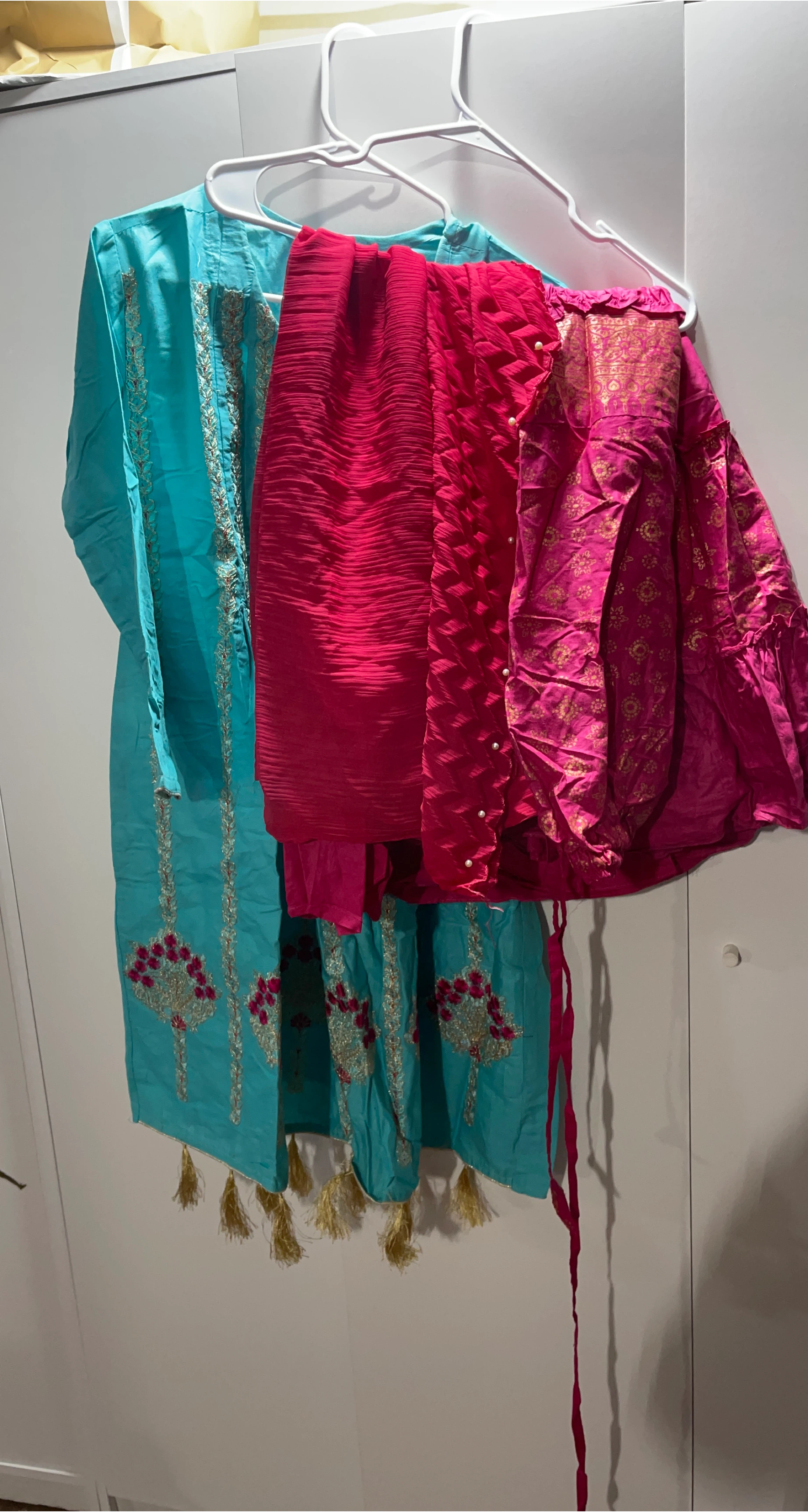 Turquoise and Pink Embroidered Kurti Set