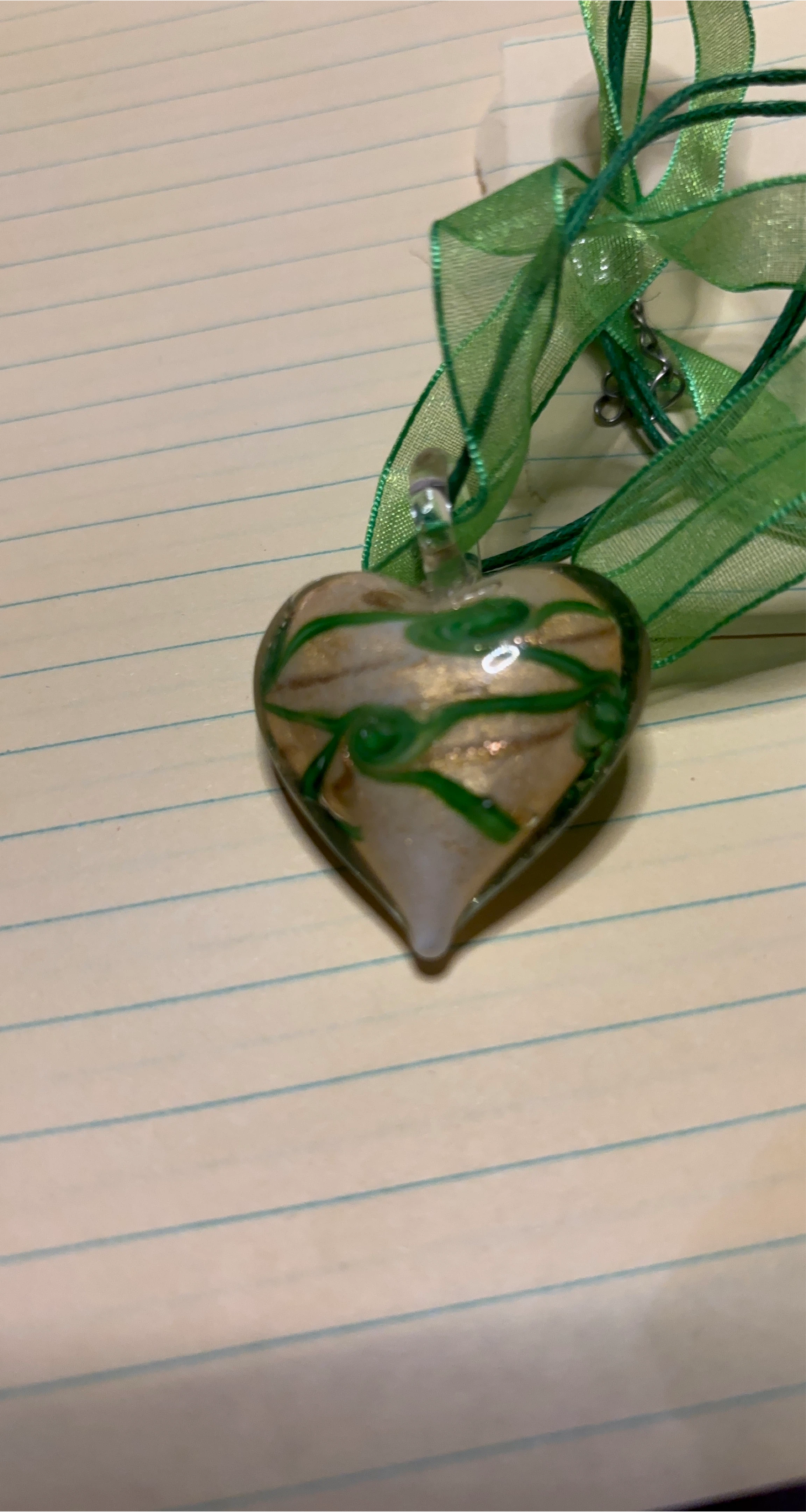 Heart Shaped Glass Pendant - Green/Gold