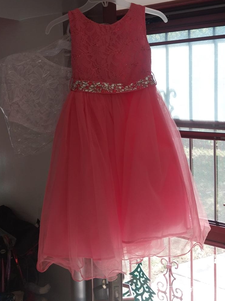 Coral Dress with Lace & Rhinestone Belt