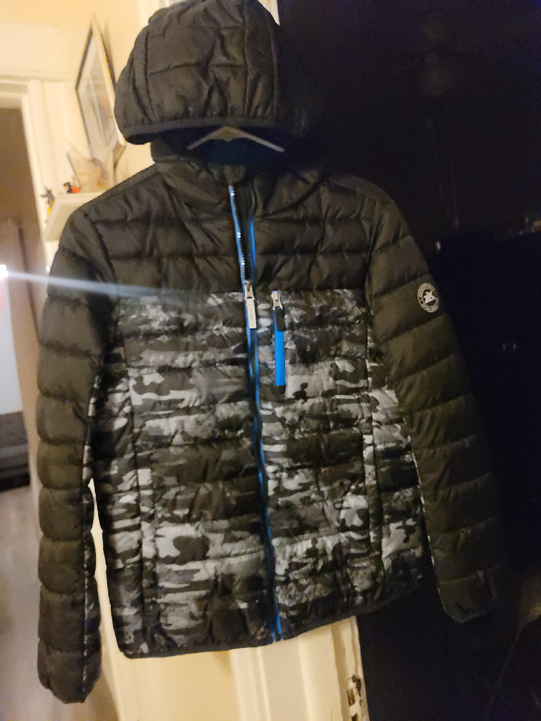 Black Puffer Jacket with Camo Design