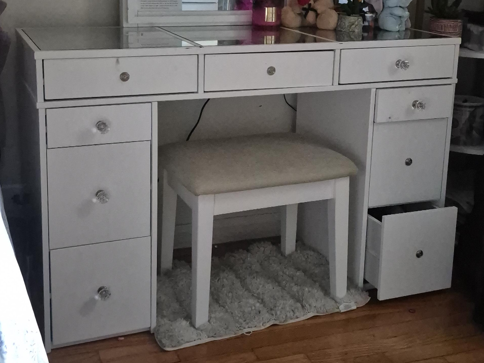 White Vanity Desk with Drawers & Stool thumbnail