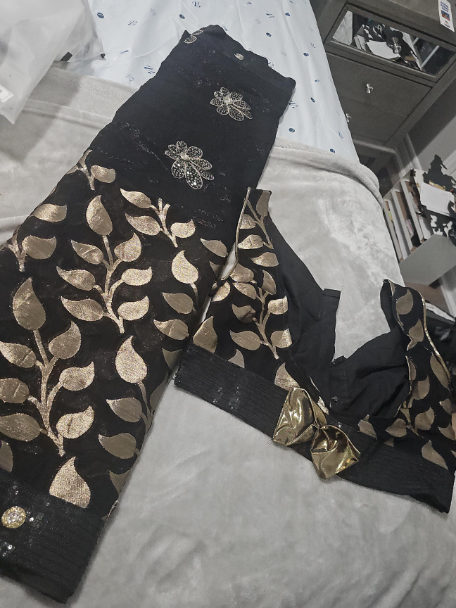 Ready to wear Black & Gold Sari +fall attached +  ready Blouse thumbnail