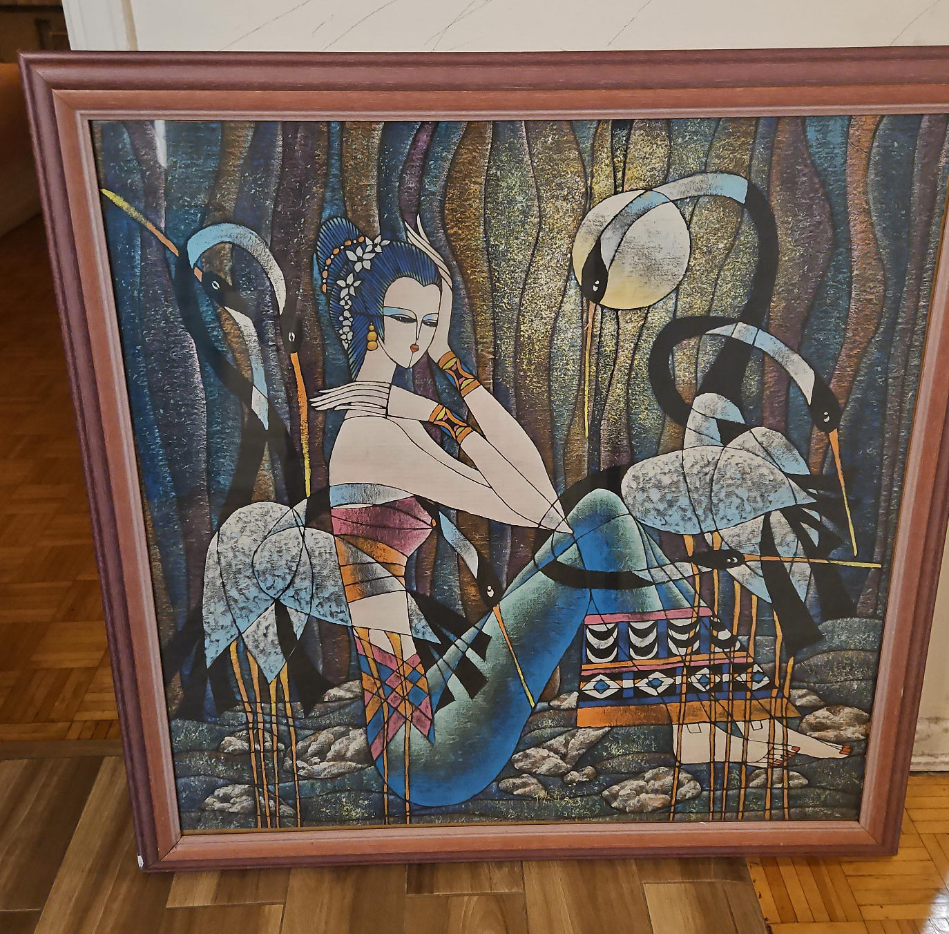 Framed Artwork of Woman with Cranes