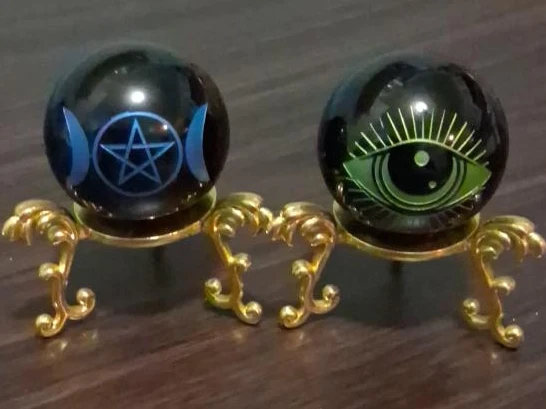 Two Decorative Black Glass Orbs With Stands thumbnail