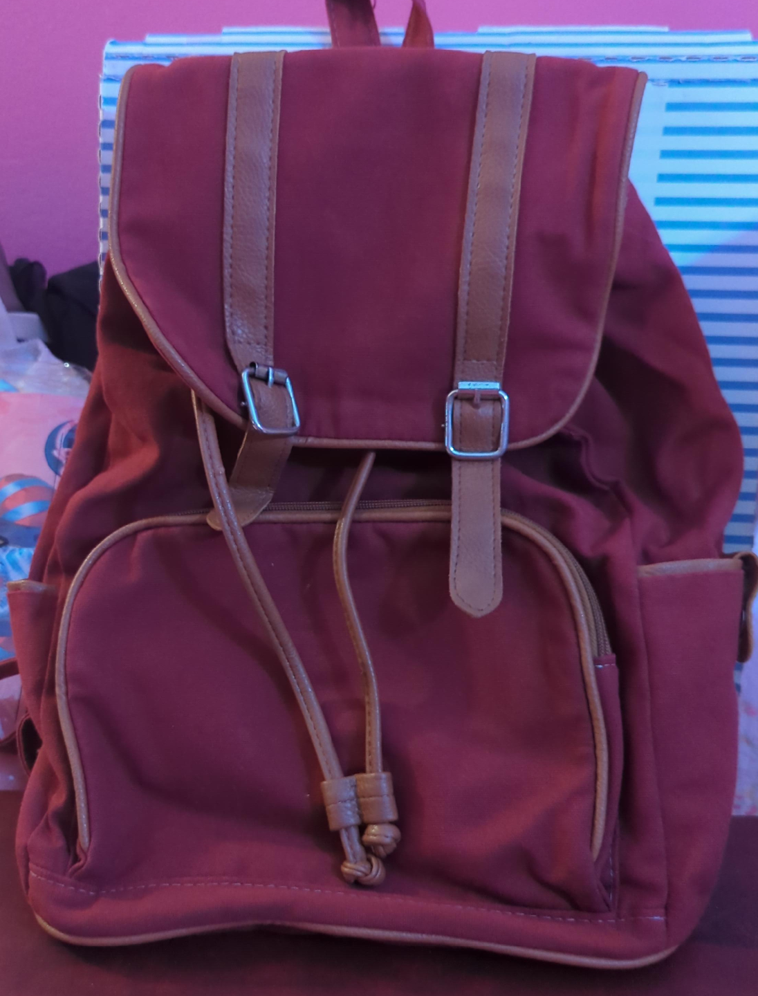 Burgundy Backpack with Brown Straps thumbnail