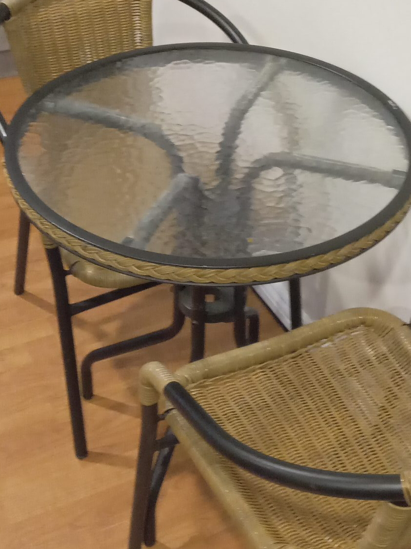 Round Glass Top Patio Table with Two Wicker Chairs thumbnail