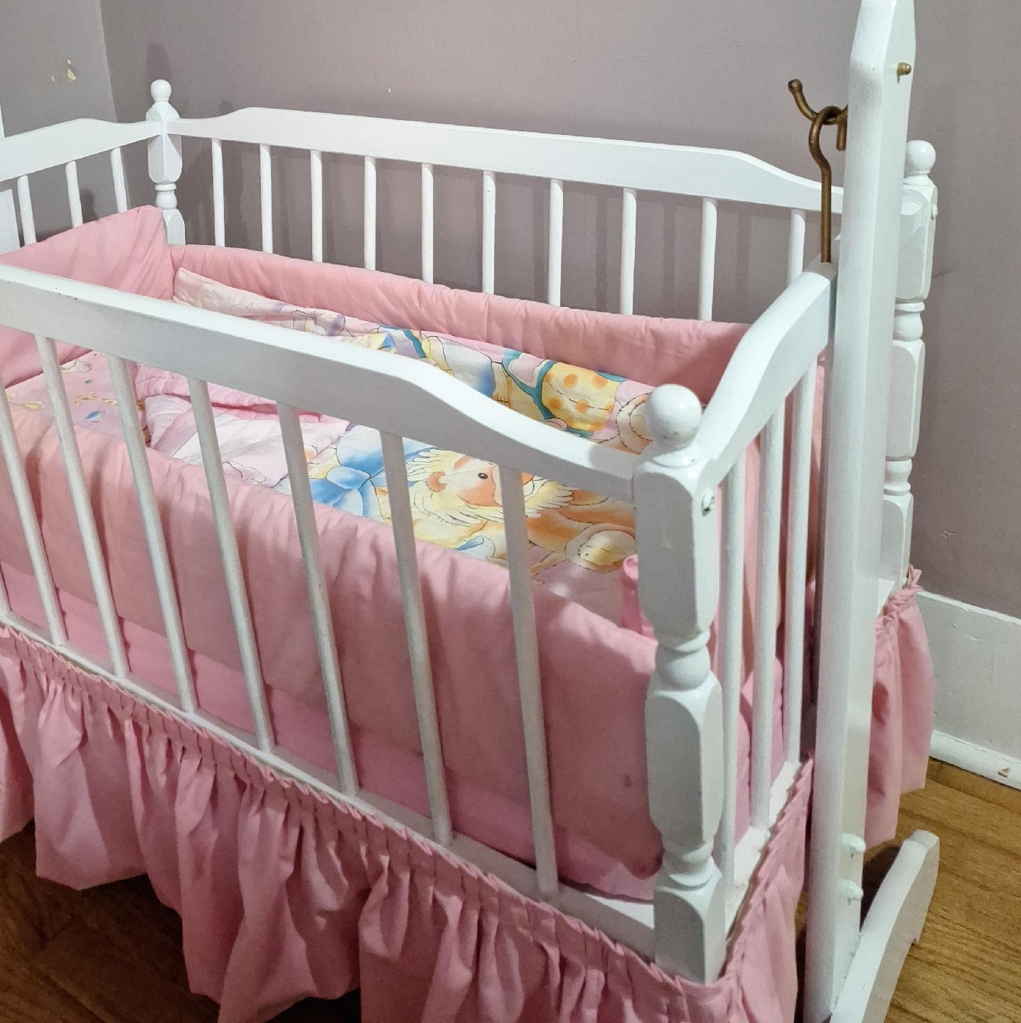 White Baby Cradle with Pink Bedding